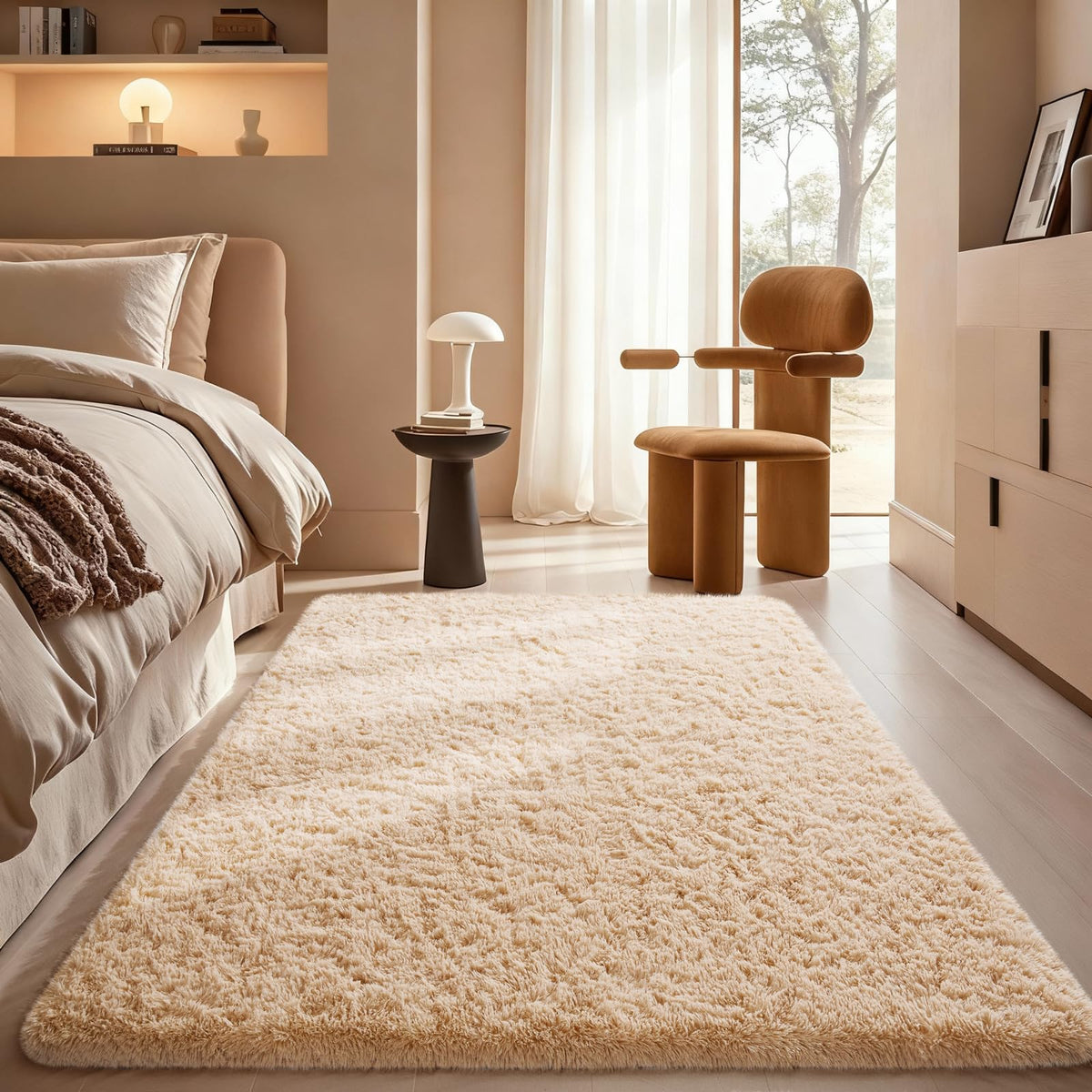 Ophanie Round Rugs 5Ft Ivory Circle Area Rug,Baby Nursery Living Room Bedroom Decor Circular Carpet 5 Foot,Fluffy Fuzzy Shag Plush Cream for Kids Boys Girls Teen with Over 99 pcs Pile fibers