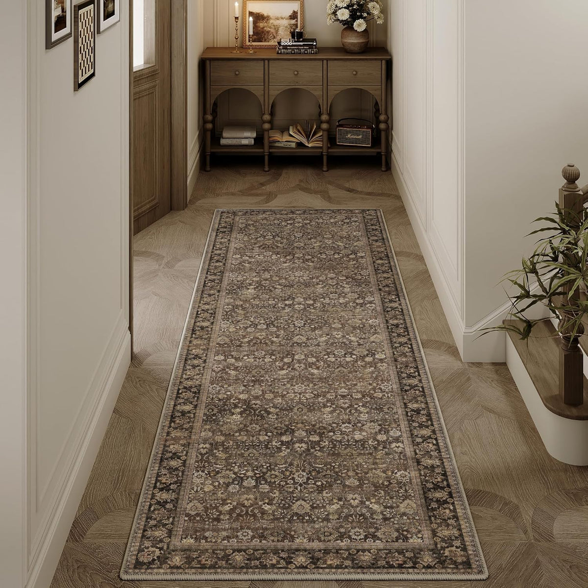 HUGEAR 2x6 Brown Vintage Floral Washable Runner Rug for Hallway