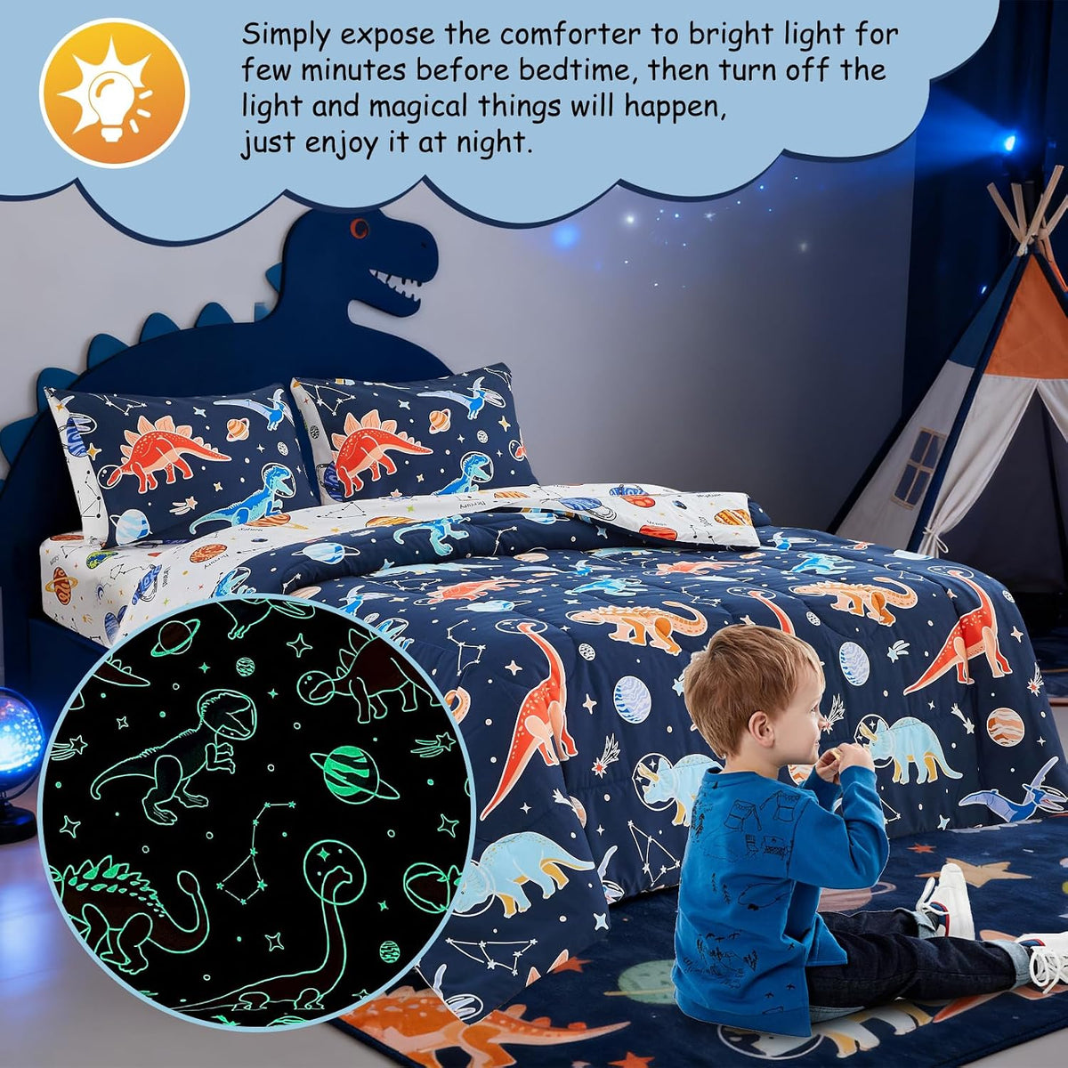 A Nice Night 5pc Glow in The Dark Dinosaur Kids Queen Comforter Sets