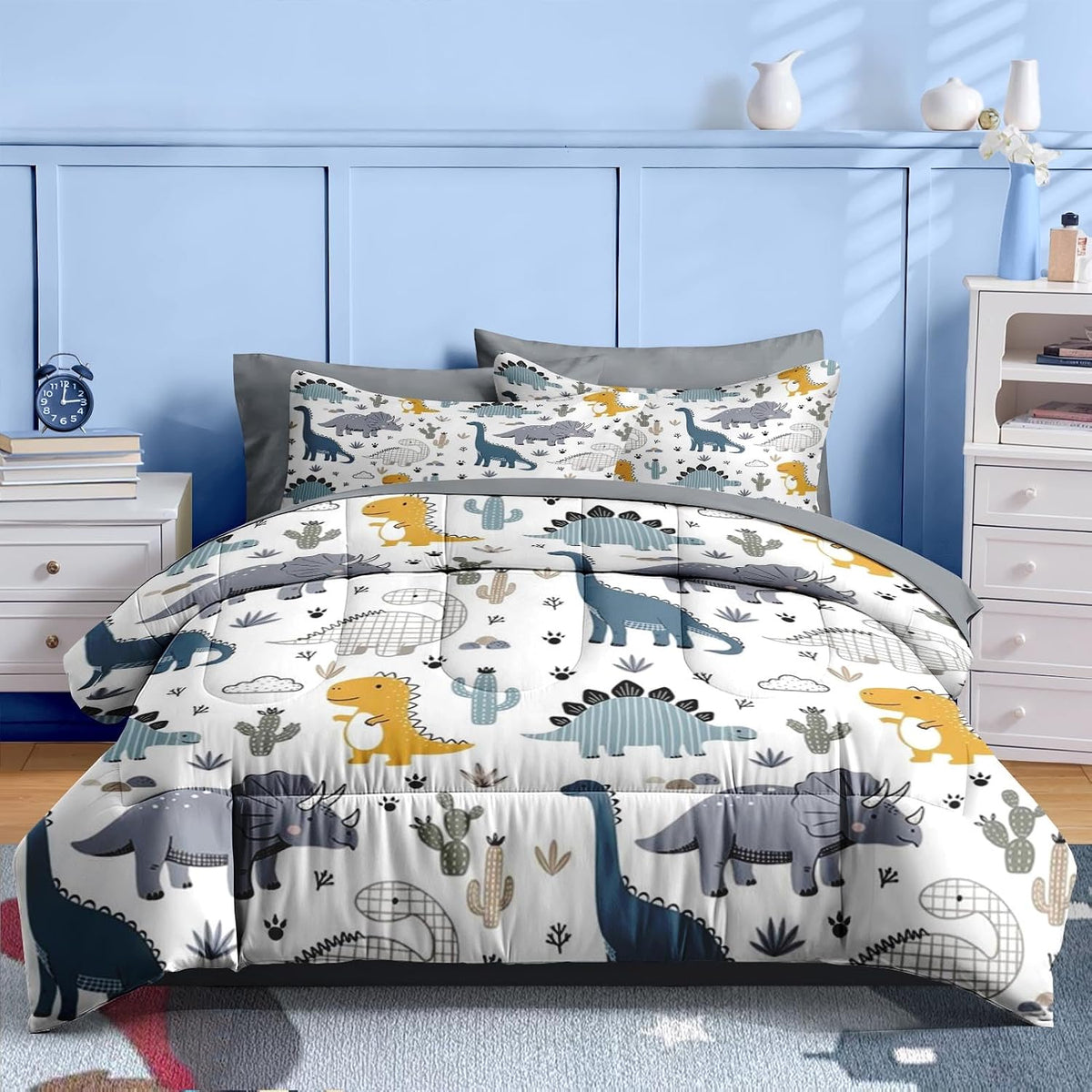 Nesker Twin Comforter Set for Boys, 5 Pieces Dinosaur Bedding for Kids