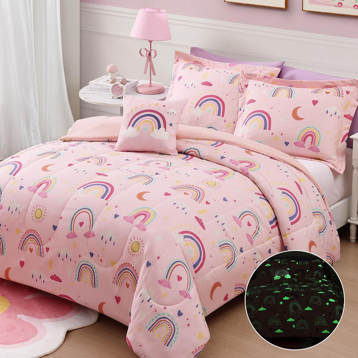 Twin Comforter Set for Girls - 3 Pieces Pink Rainbow Twin Bedding Sets