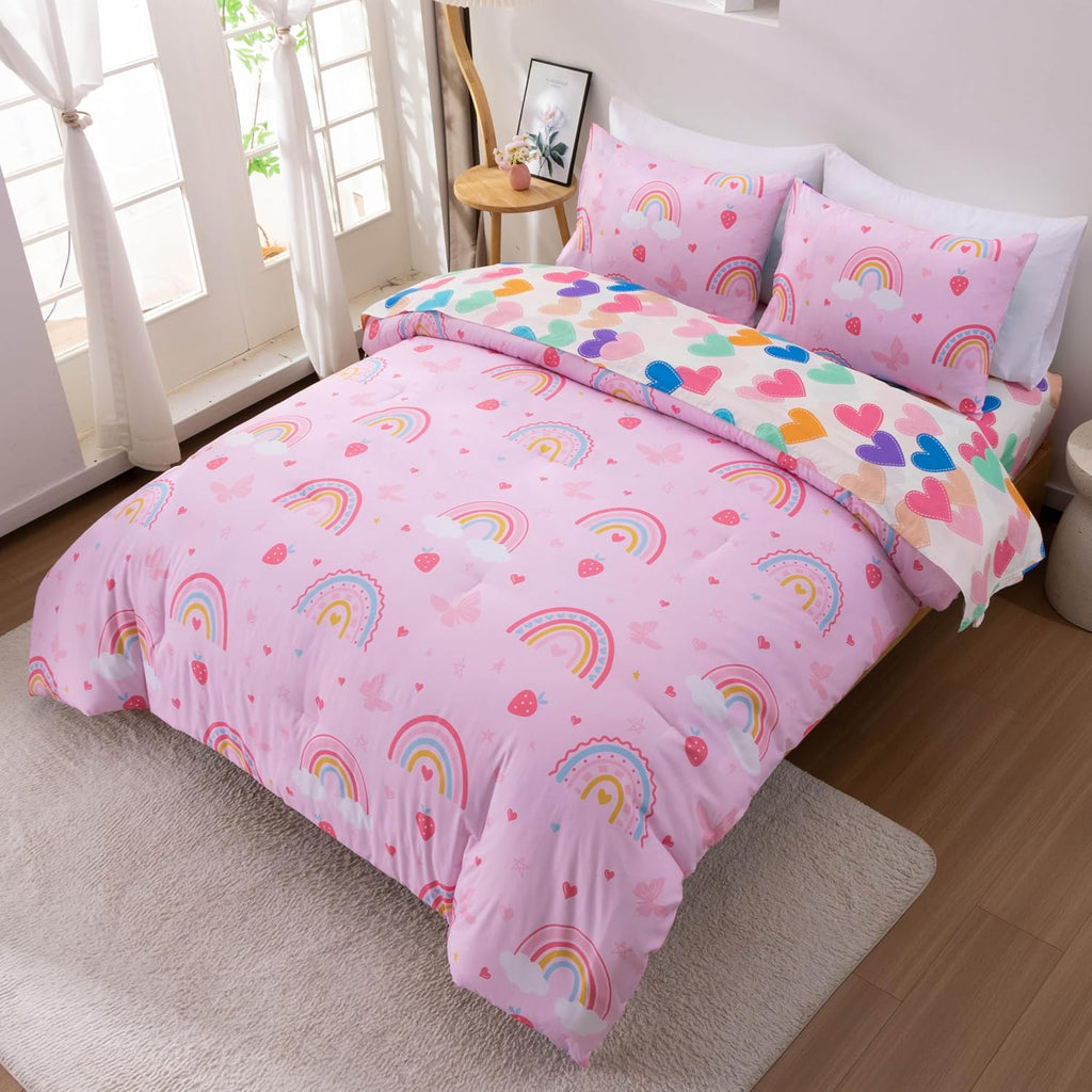 Btargot 5 Piece Full Size Pink Rainbow Comforter Set for Girls Boys Kids, Cartoon Cartoon Butterfly Bedding Set, Bed in a Bag with Comforter, Sheets and Pillowcases