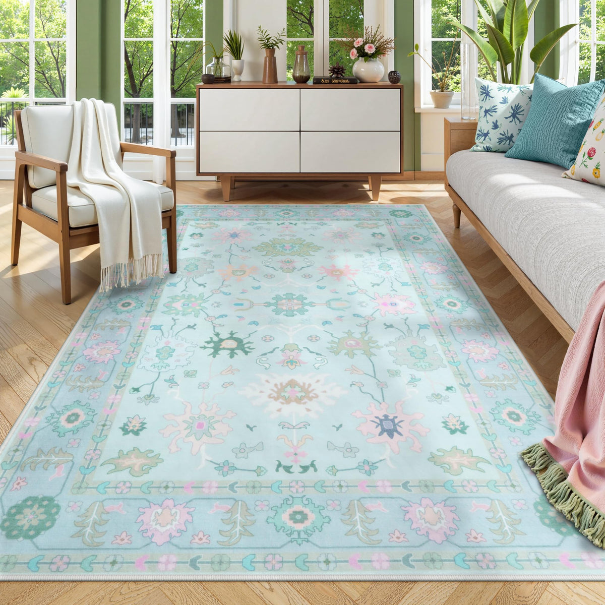 LIVEBOX Washable Oushak Rug Non Slip 8 x 10 Rugs for Living Room, Soft Turkish Rug for Bedroom, Boho Floral Mat Large Indoor Carprt for Kids Nursery, Dining Room, Home Office, Blue