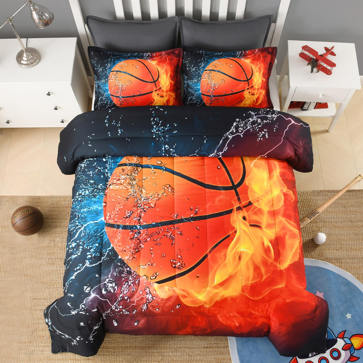 Andency Soccer Comforter Twin(66x90 Inch), 2 Pieces(1 Soccer Comforter, 1 Pillowcase) Blue Flame Soccer Comforter Set Sport Microfiber Bedding Set for Boy Girl Kids, Teen