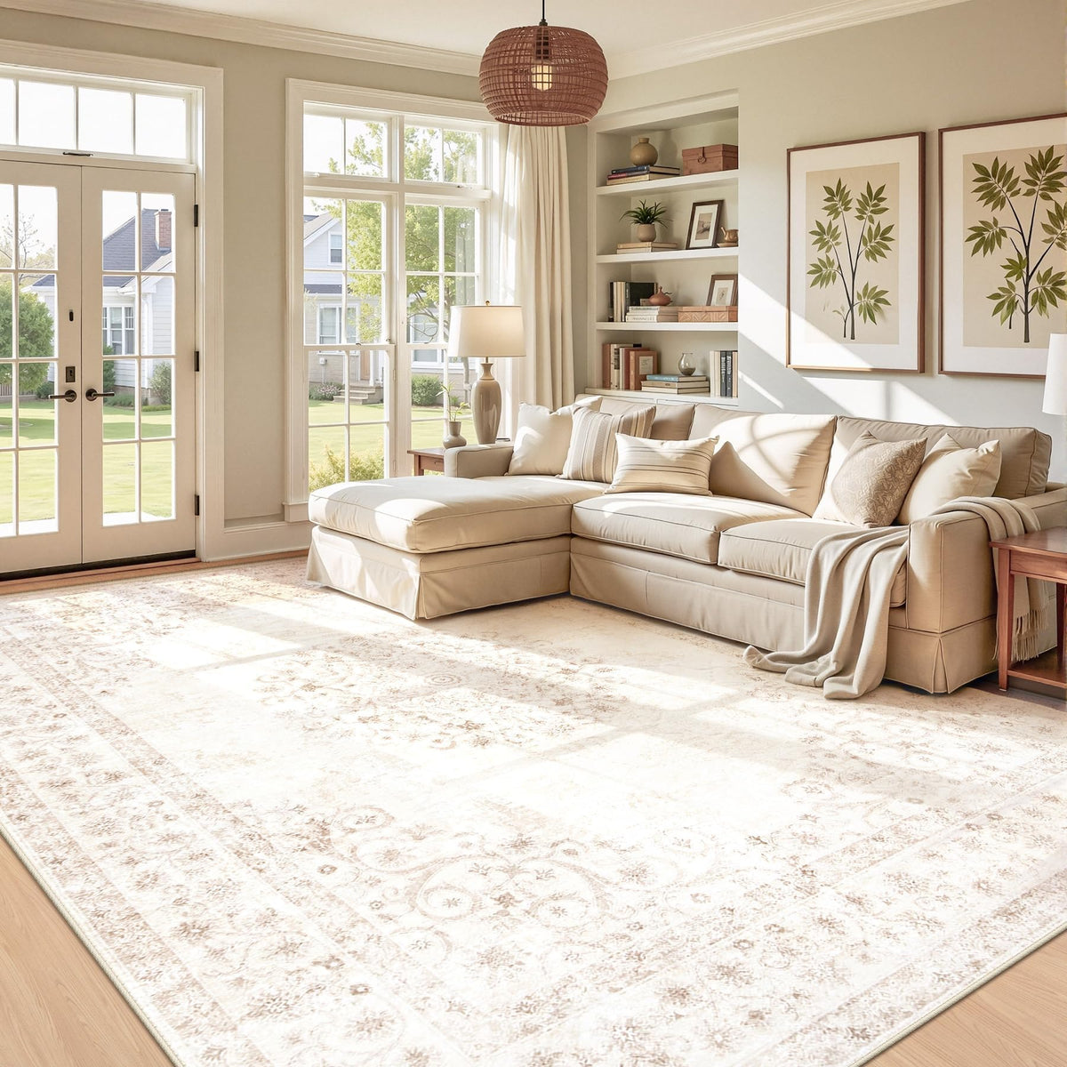 Area Rug 5x7 Vintage Rug: Washable Indoor Medallion Rugs Low Pile Distressed Floor Carpet Retro Accent Rug for Living Room Bedroom Kitchen Dining Table Home Office(Beige, 5'x7')