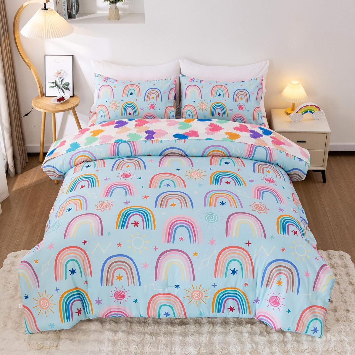 Btargot Lightweight Soft 3 Piece Rainbow Comforter Set with 2 Pillow Covers, Cartoon Love Hearts Flowers and Grass Bedding Set for Girls Boys Kids, Full Multi-Color