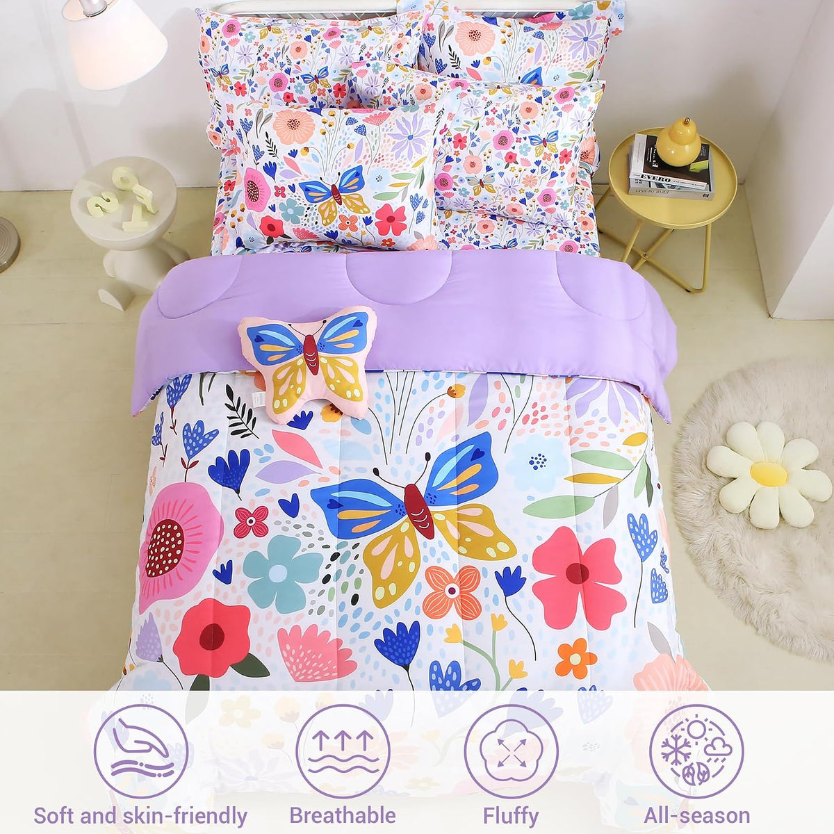Mooreeke Twin Size Comforter Sets for Girls Kids, 6 Pieces Bed in a Bag Purple Floral Butterfly Bedding Comforter Sheet Set with Shams and Decorative Toy Pillow, Ultral Soft Microfiber Kids Bed Set