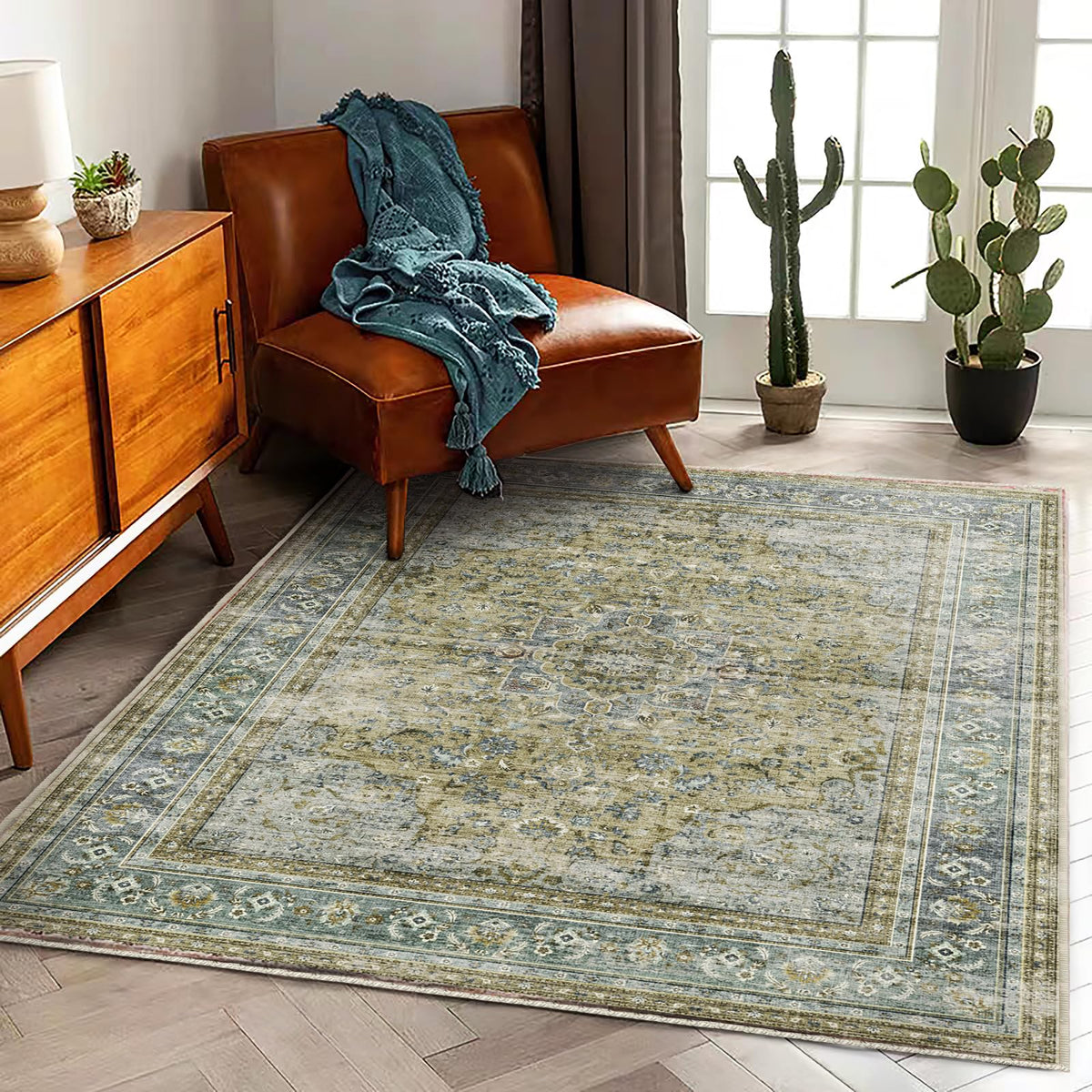 CHAMPLANT Area Rug 4x6 Washable Rug Gray Vintage Traditional Floor Cover Foldable Thin Retro Accent Indoor Distressed Non Slip Carpet Floral Print Mat Bedroom Living Room Bathroom