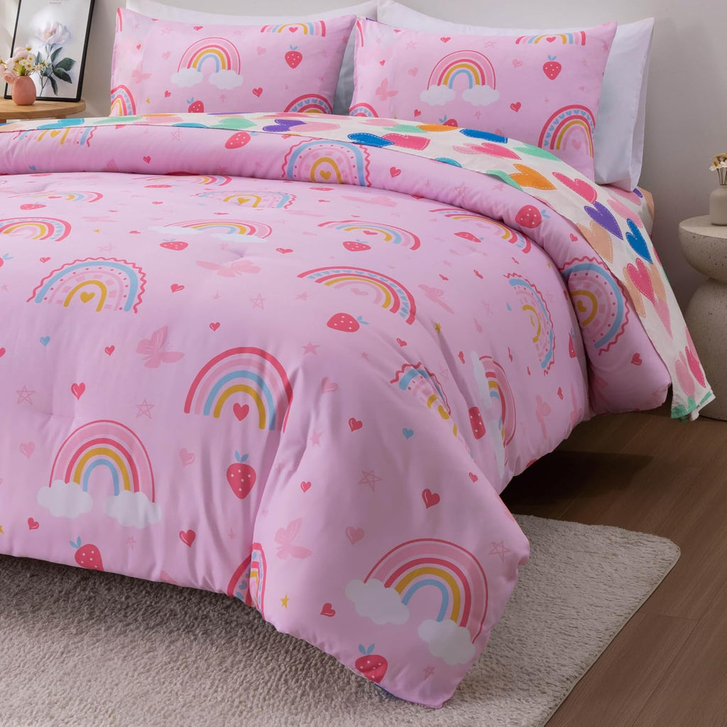 Btargot 5 Piece Full Size Pink Rainbow Comforter Set for Girls Boys Kids, Cartoon Cartoon Butterfly Bedding Set, Bed in a Bag with Comforter, Sheets and Pillowcases