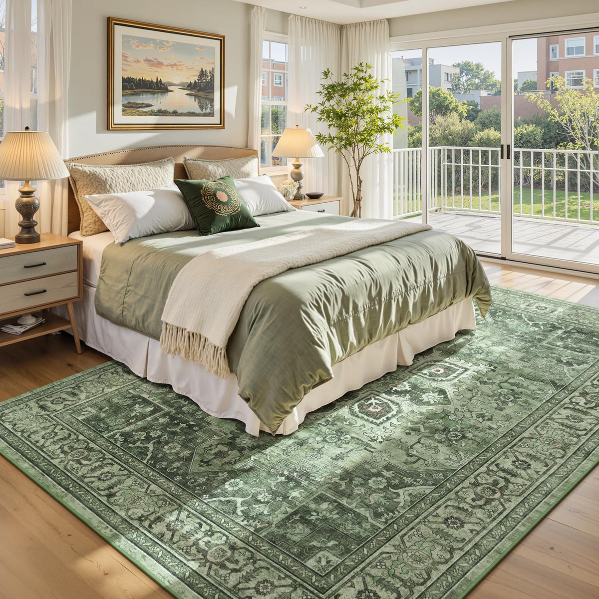 Sage Green 8x10 Area Rug for Living Room, Vintage Boho Large Carpet