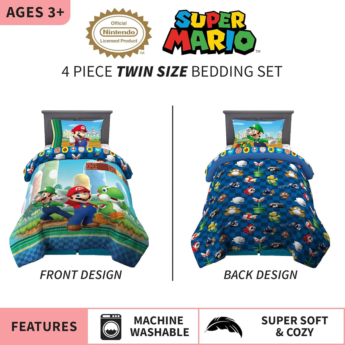 Super Mario Kids Twin Size Bedding, 4 Piece Super Soft Cozy Reversible Comforter and Sheet Set, (Officially Licensed Product) By Franco