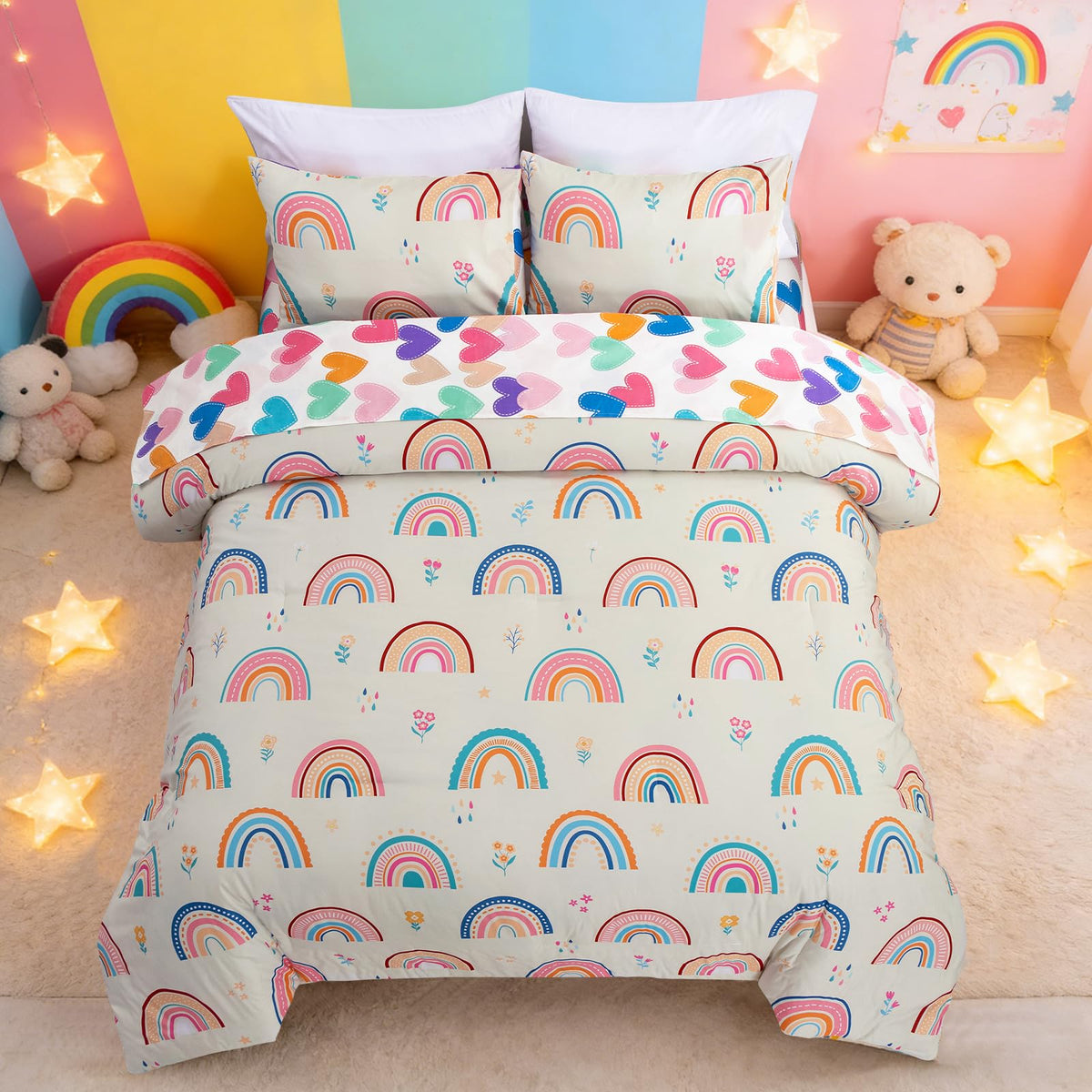 Btargot 5 Piece Full Size Pink Rainbow Comforter Set for Girls Boys Kids, Cartoon Cartoon Butterfly Bedding Set, Bed in a Bag with Comforter, Sheets and Pillowcases