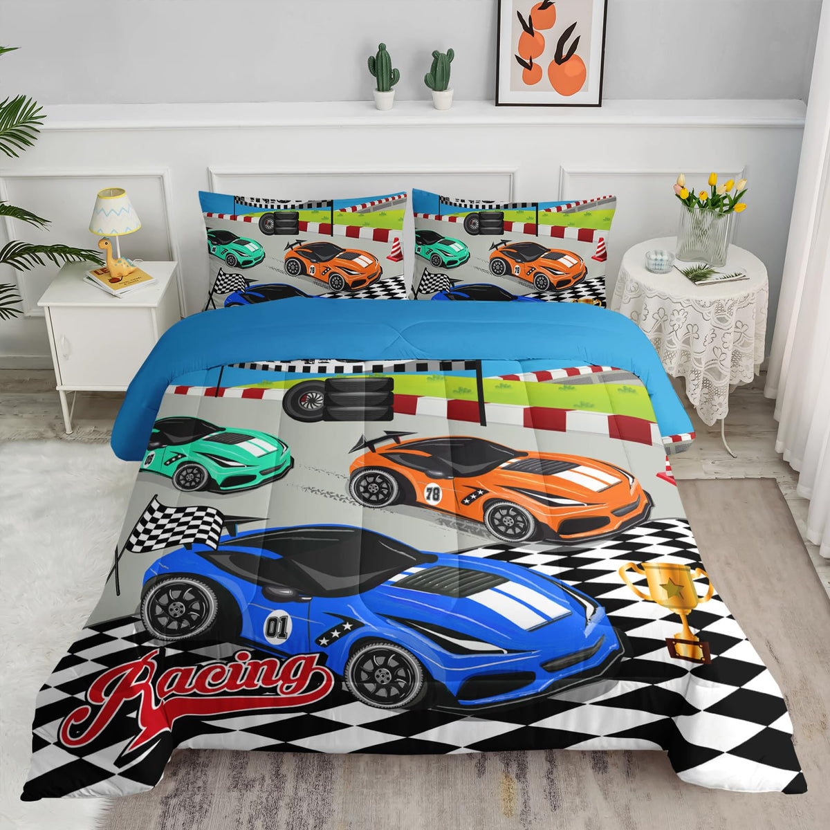 Axolotl Kid Comforter Set Twin Size,Racing Car Bedding Set for Boys Girls Teen Kids Children Racing Gifts,Race Cars Quilt Bed Set with 1 Comforter 2 Pillowcases,Red Grey