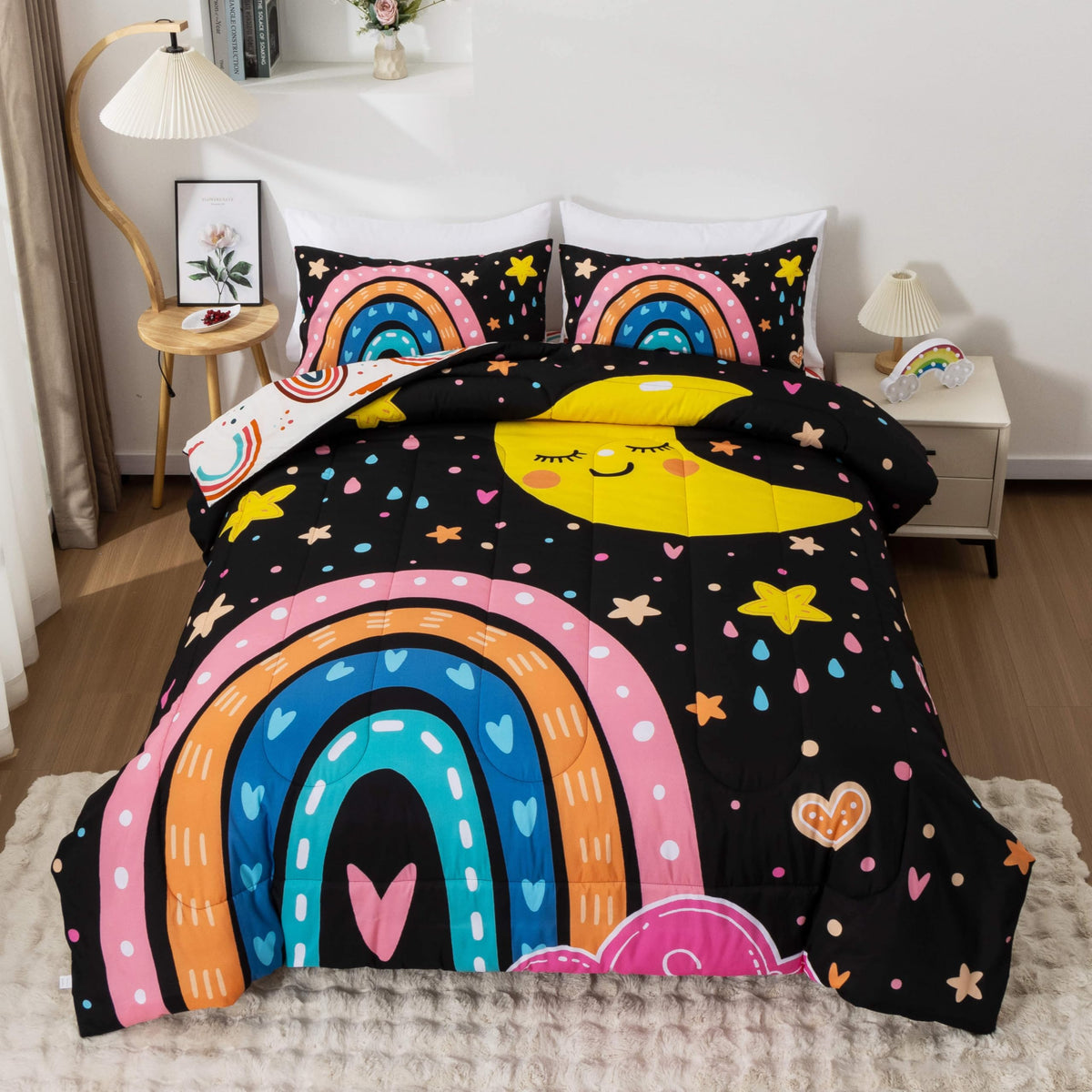 Btargot Lightweight Soft 3 Piece Rainbow Comforter Set with 2 Pillow Covers, Cartoon Love Hearts Flowers and Grass Bedding Set for Girls Boys Kids, Full Multi-Color