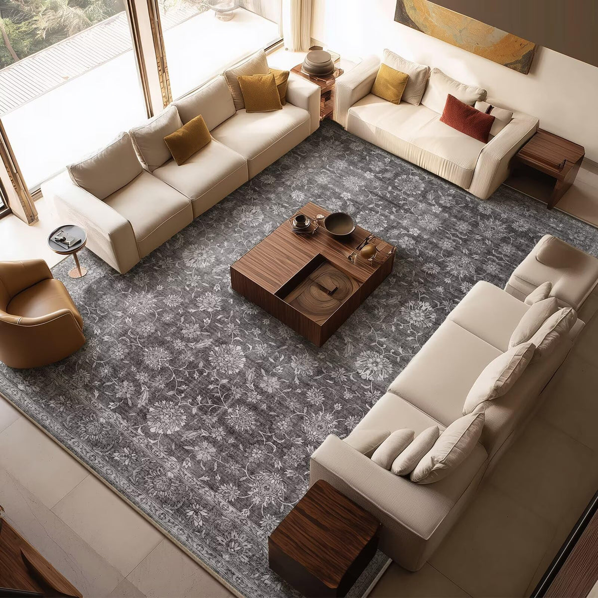 Washable 10x14 Area Rugs for Living Room, Ivory/Sage Gold