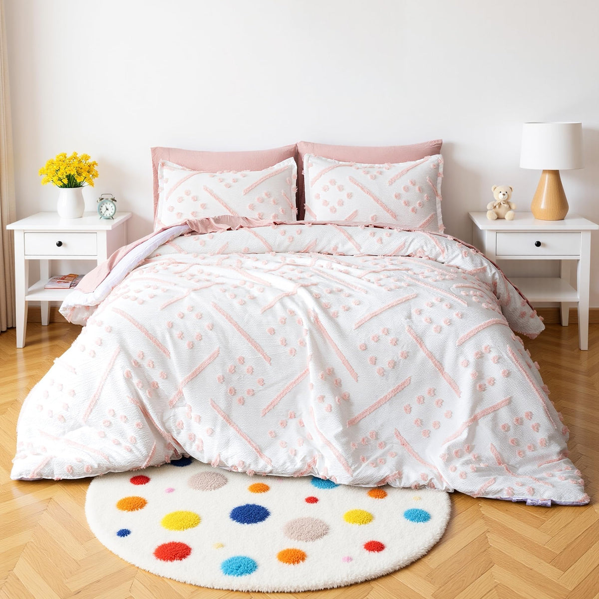 Amazon Basics Kids' Pink Bedding Set, 5-Piece Jacquard Bed-in-a-Bag with Comforter, Fitted Sheet, Flat Sheet, Pillowcase, Pillow Sham, Deep Pocket 16", All-Season, Pink Tufted, Twin