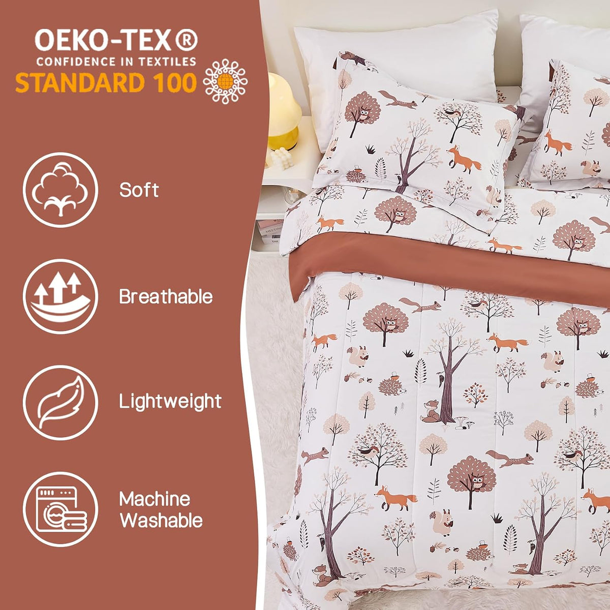 Yibeizi Kids Comforter Set for Boys Girls Full Size, Cute Quilted Woodland Forest Animal Print Fall Bedding with Pillow Sham, Lightweight Soft Breathable Machine Camping Themed Bed Set 3 Piece