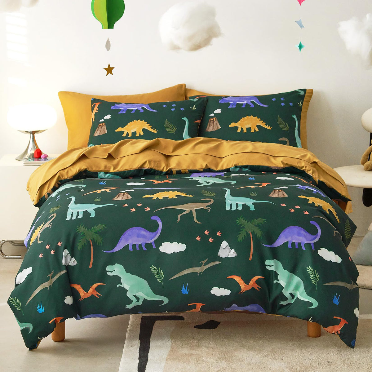 Wake In Cloud - Dinosaur Bedding Set for Boys, Cute Colorful Dinosaur Dino, Soft Lightweight Comforter Set with Sheets, 5 Pieces Kids Bed in a Bag, Dark Green, Twin Size