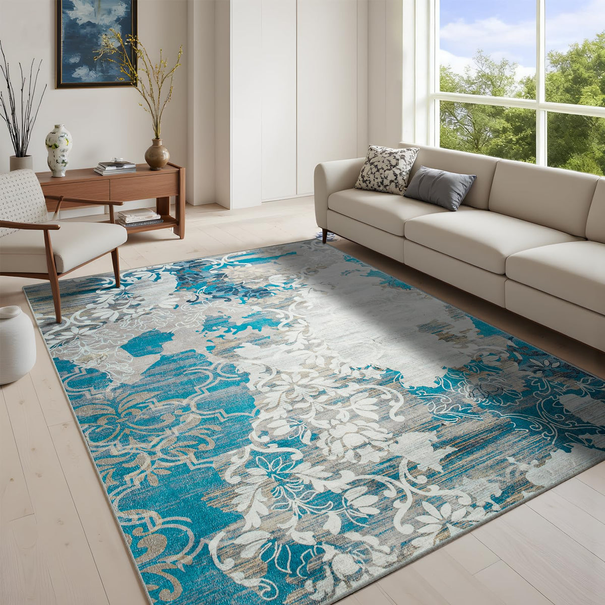 CRYPTOLITE Abstract Area Rug Washable Rug with Non-Slip Backing Low Pile Area Rugs for Living Room,Bedroom,Dining Room,4x6, Gold&Grey