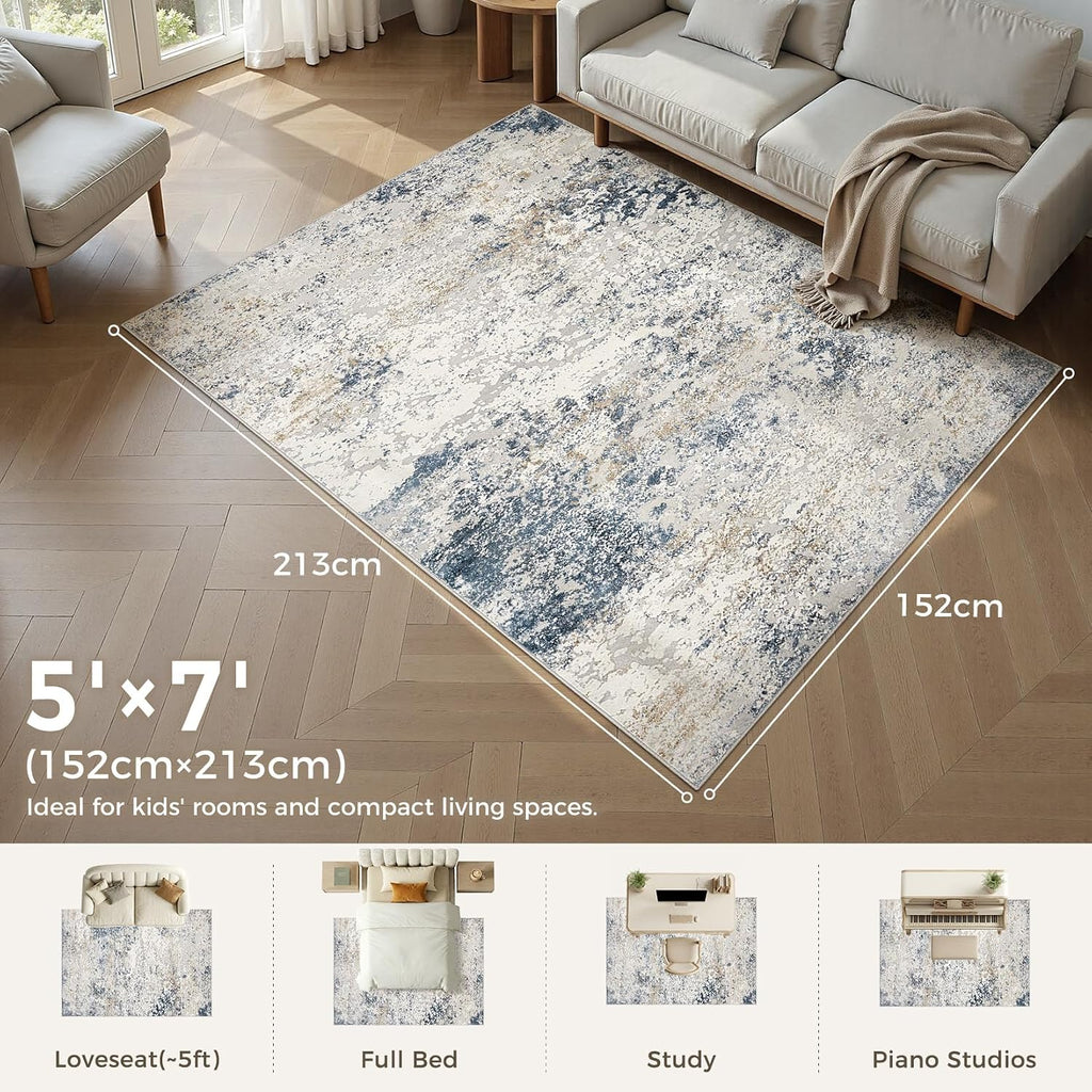 DMOYEST Area Rug Living Room Rugs 5x7 Washable Abstract Beige Blue Carpet