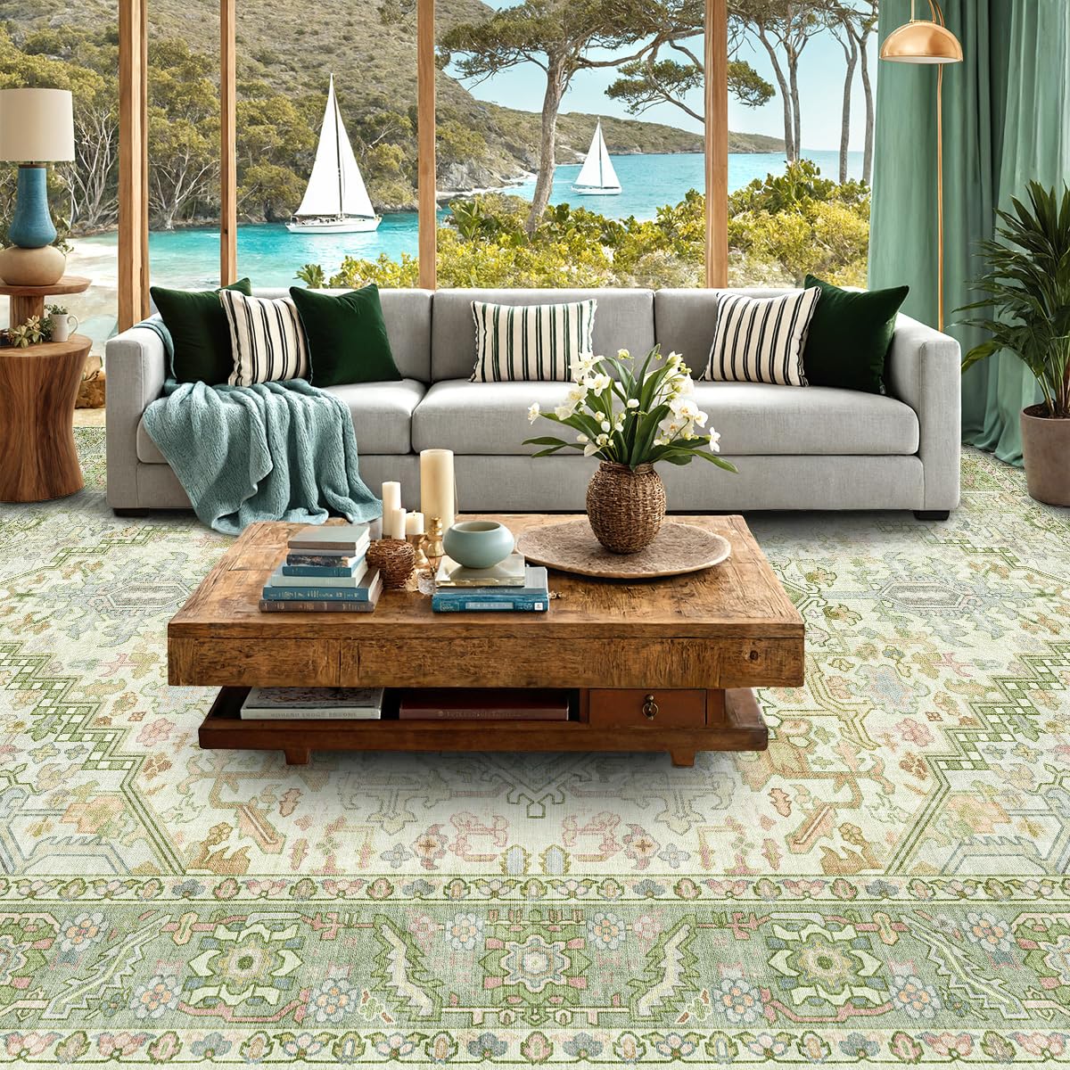 Kokia 9x12 Washable Area Rugs Maroon with Vintage Orient Design, Soft Rug for Living Room or Bedroom, Non-Slip Low Pile Stain Resistance Features, Distressed Medallion Pattern