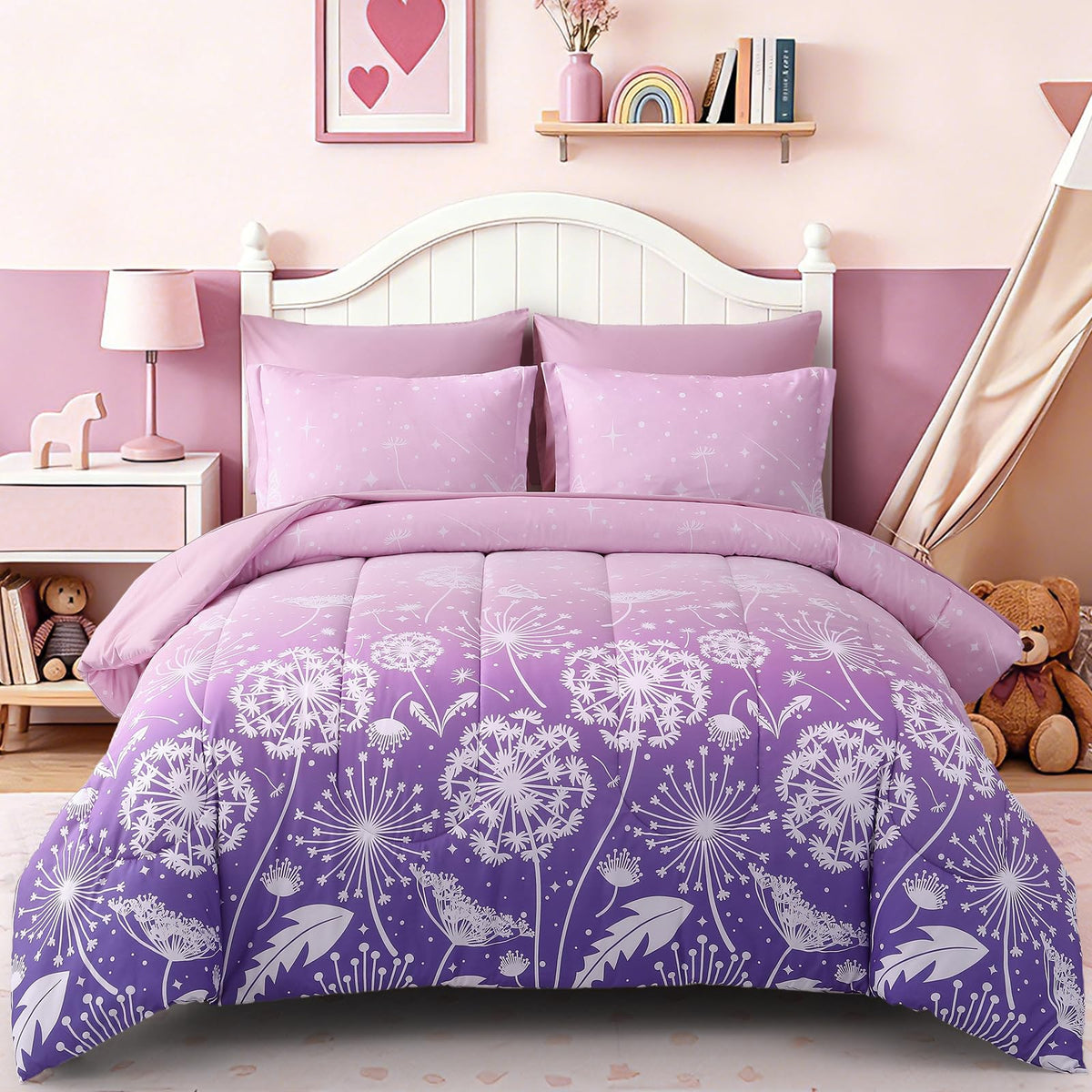 Dinjoy Girls Comforter Set 7 Pieces, Queen Size Colorful Ombre Rainbow Bedding Set, Bed in A Bag for Kid Teen Girls (1 Comforter, 1 Flat Sheet, 1 Fitted Sheet, 2 Pillow Shams, 2 Pillowcases)