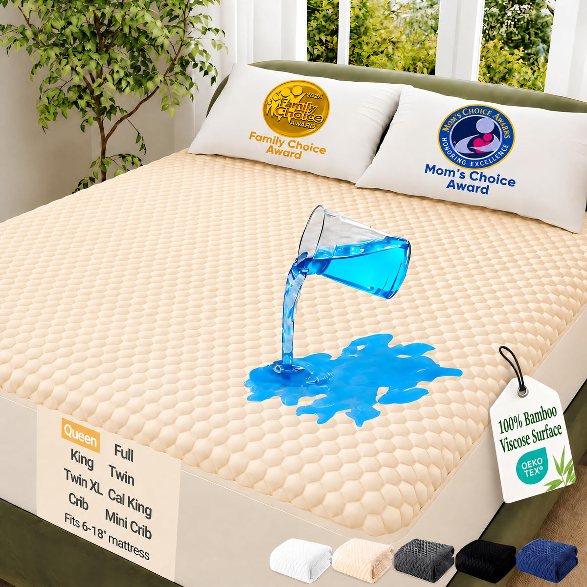 OhGeni Waterproof Mattress Protector,Twin Size Soft Bamboo Viscose Top Layer Pad,3D-Air Fabric Cooling Breathable Fitted Sheets, Washable Bed Cover for Kids Toddler Bedwetting Over 99 Count Hex Bumps