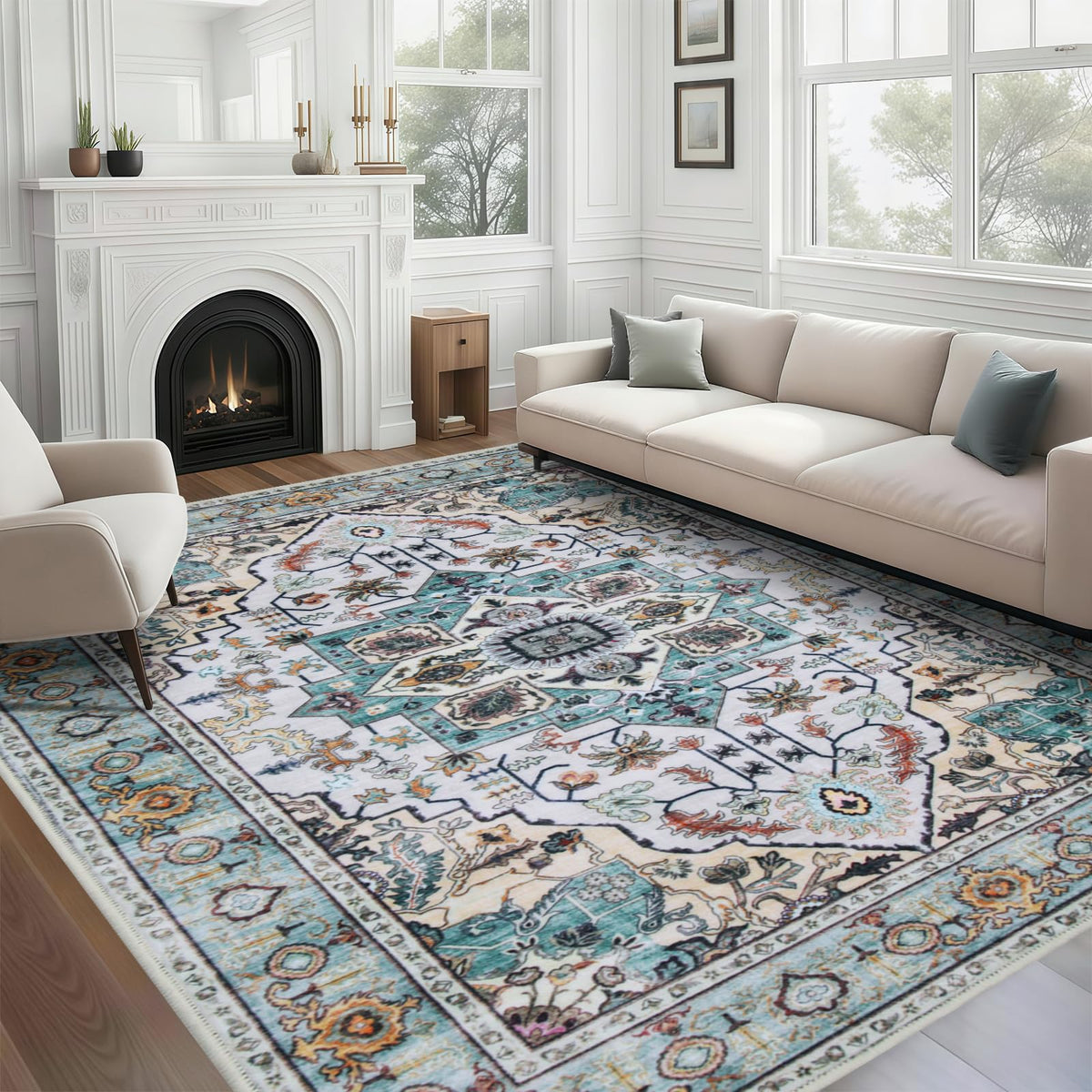 WILLSUN Washable Area Rugs, 5x7 Non-Slip Boho Large Area Rugs for Living Room, Bedroom, Machine Washable Vintage Rug, Indoor Floral Print Carpet for Home Decor, Kid & Pet Friendly Mat