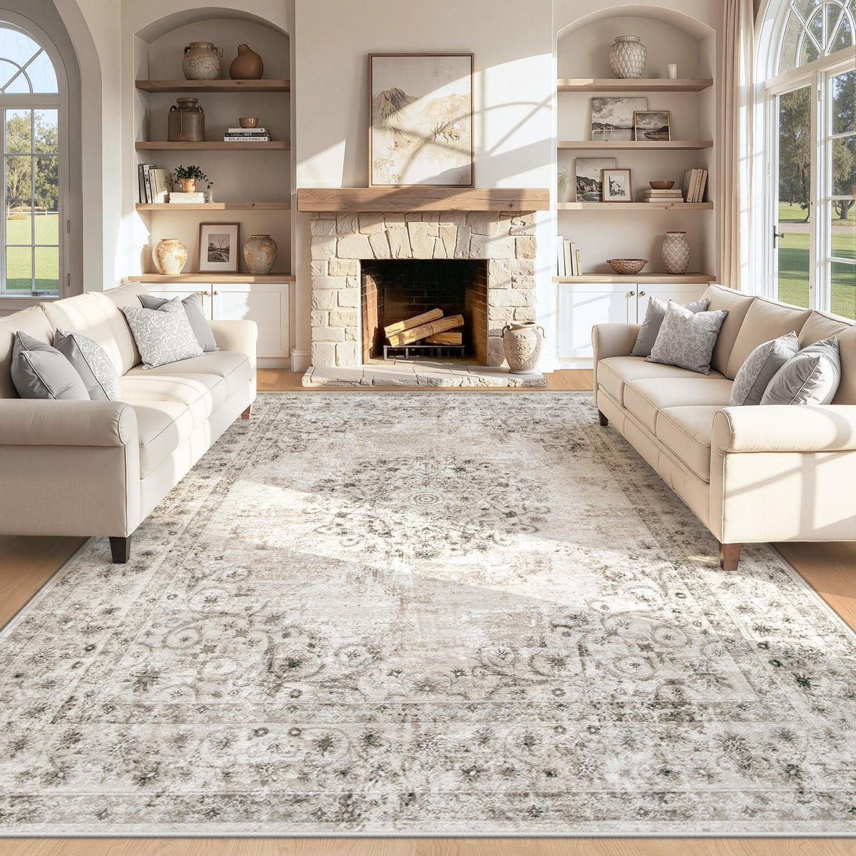 Area Rug 5x7 Vintage Rug: Washable Indoor Medallion Rugs Low Pile Distressed Floor Carpet Retro Accent Rug for Living Room Bedroom Kitchen Dining Table Home Office(Beige, 5'x7')