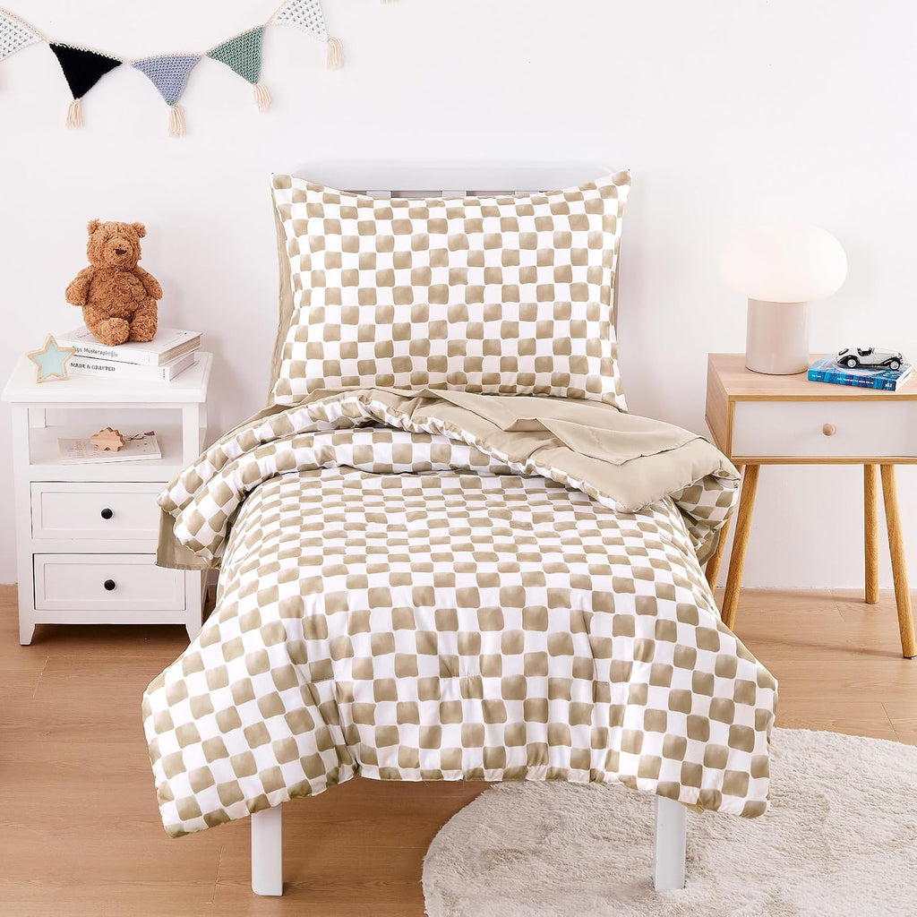 Wake In Cloud - Toddler Bedding Set for Boys Girls, Cute Gingham Grid Checkered, 4 Pieces Soft Crib Bed Set Including Comforter, Sheets and Pillowcase, Brown White