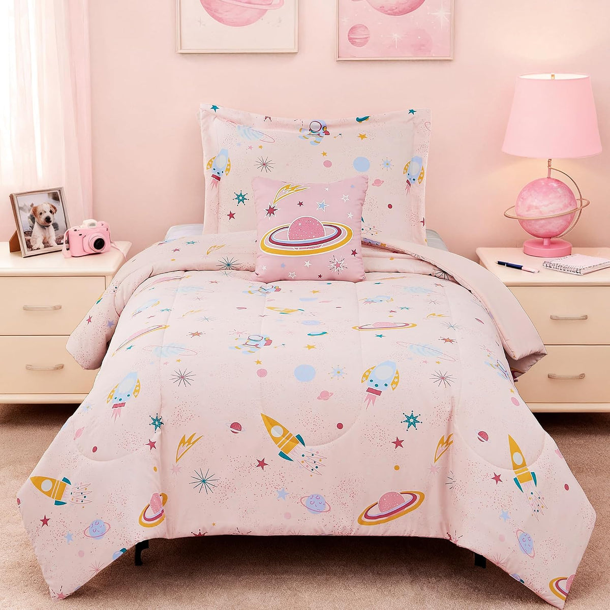 Twin Comforter Set for Girls - 3 Pieces Pink Rainbow Twin Bedding Sets