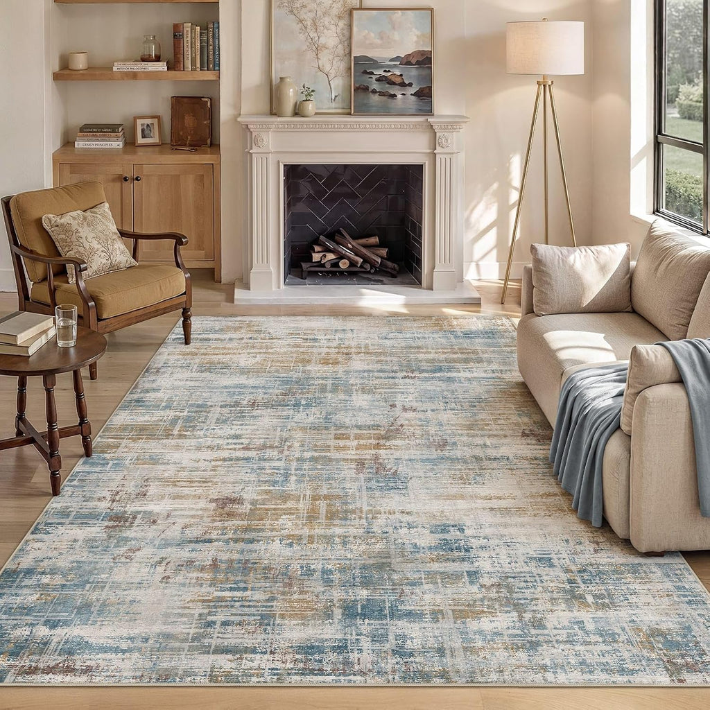 UERMEI 6x9 Area Rug for Living Room Washable Abstract Blue Brown Carpet