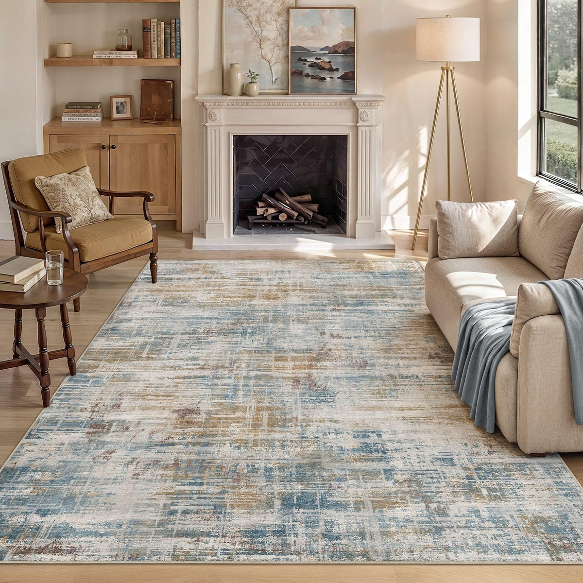 UERMEI 6x9 Area Rug for Living Room Washable Abstract Blue Brown Carpet