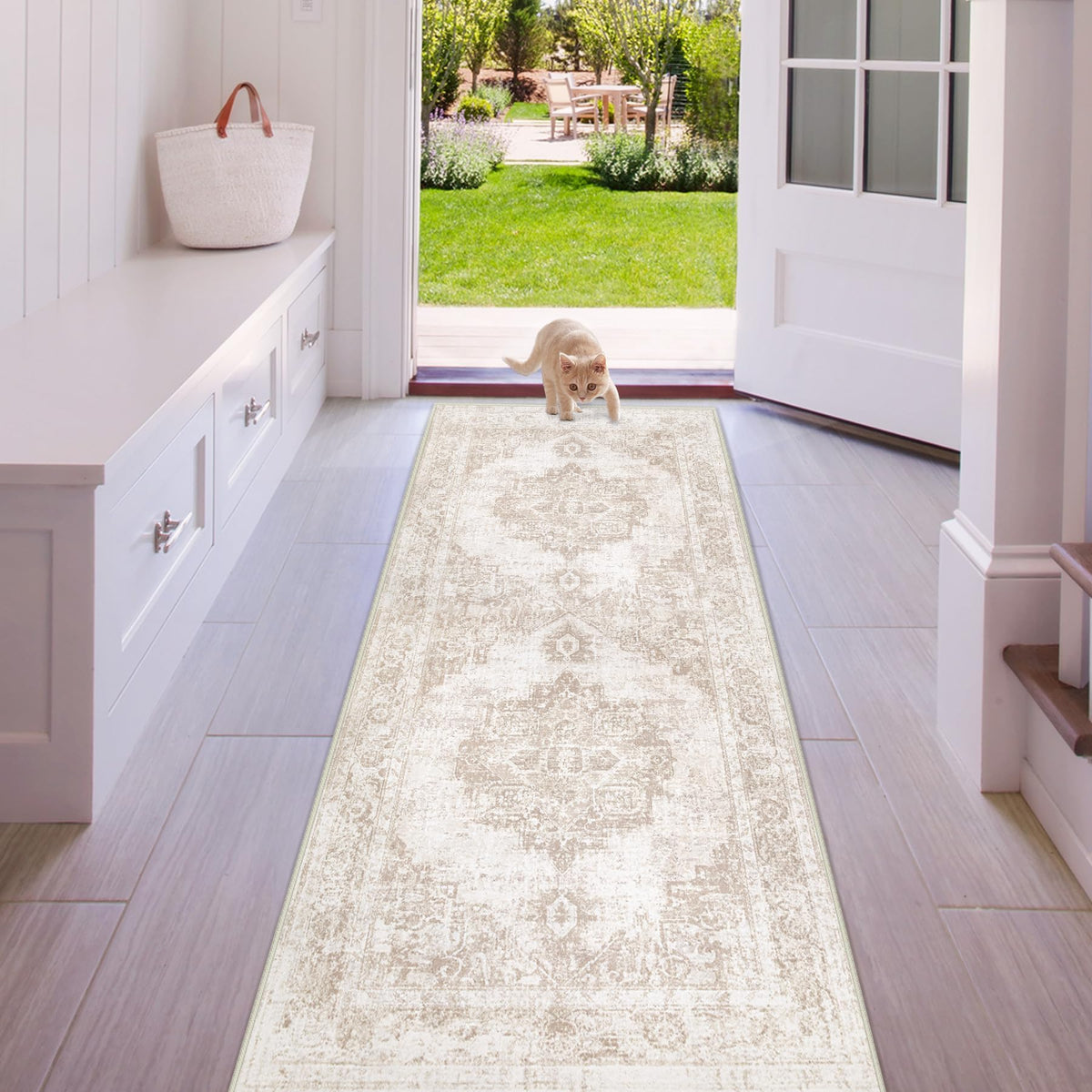 Area Rug 5x7 Vintage Rug: Washable Indoor Medallion Rugs Low Pile Distressed Floor Carpet Retro Accent Rug for Living Room Bedroom Kitchen Dining Table Home Office(Beige, 5'x7')