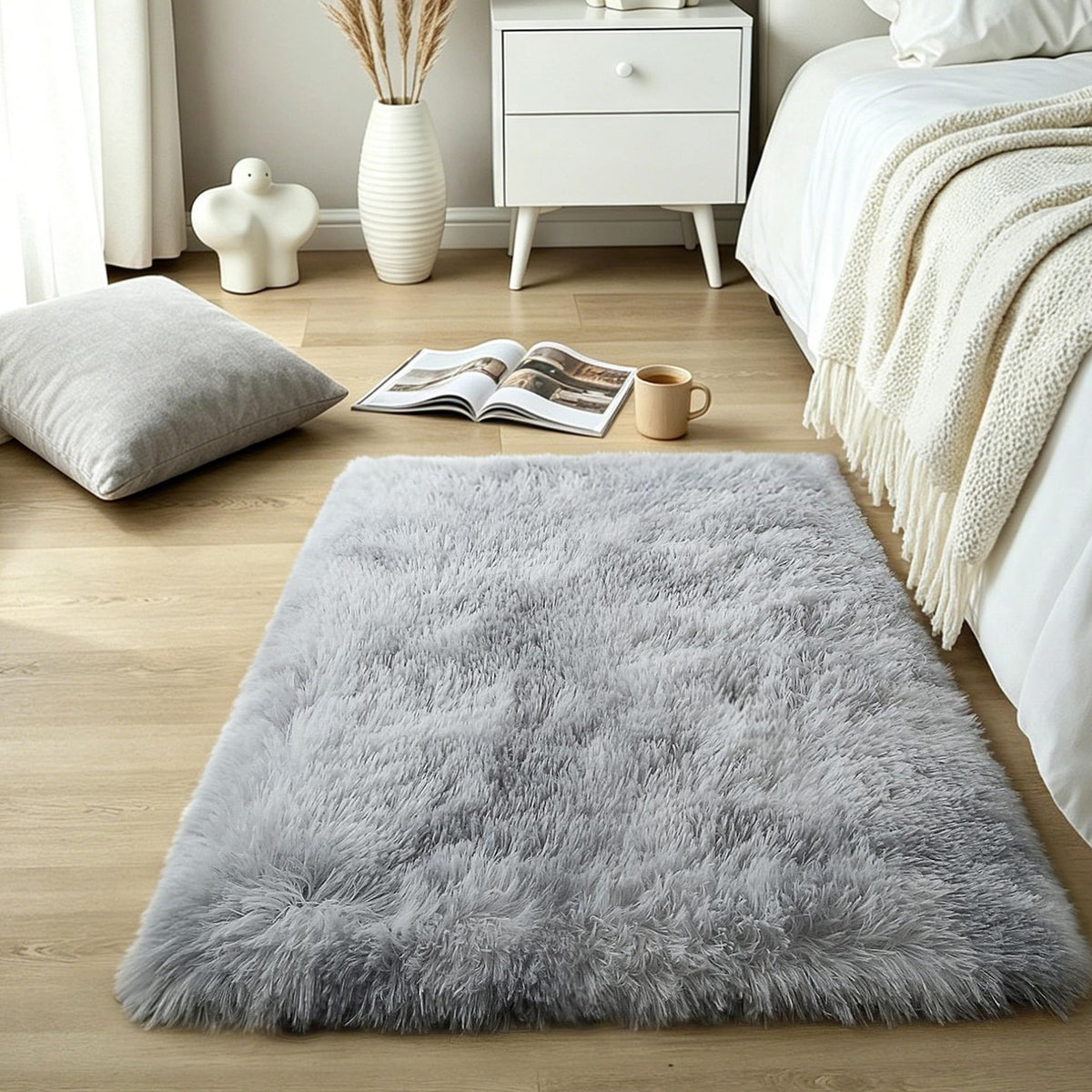 4x6 Light Grey Fluffy Shag Rug for Bedroom, Plush Washable Carpet