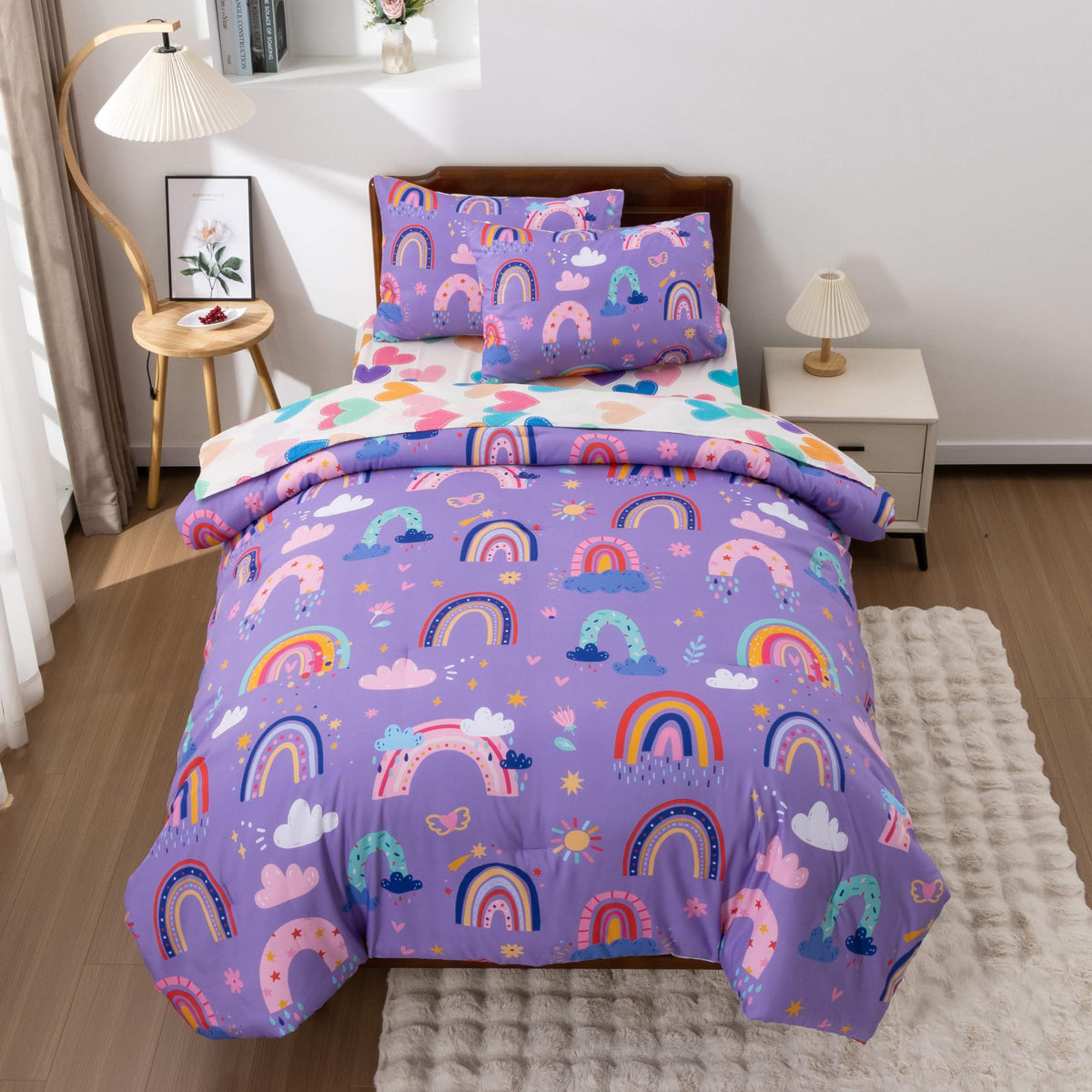 Btargot 5 Piece Full Size Pink Rainbow Comforter Set for Girls Boys Kids, Cartoon Cartoon Butterfly Bedding Set, Bed in a Bag with Comforter, Sheets and Pillowcases