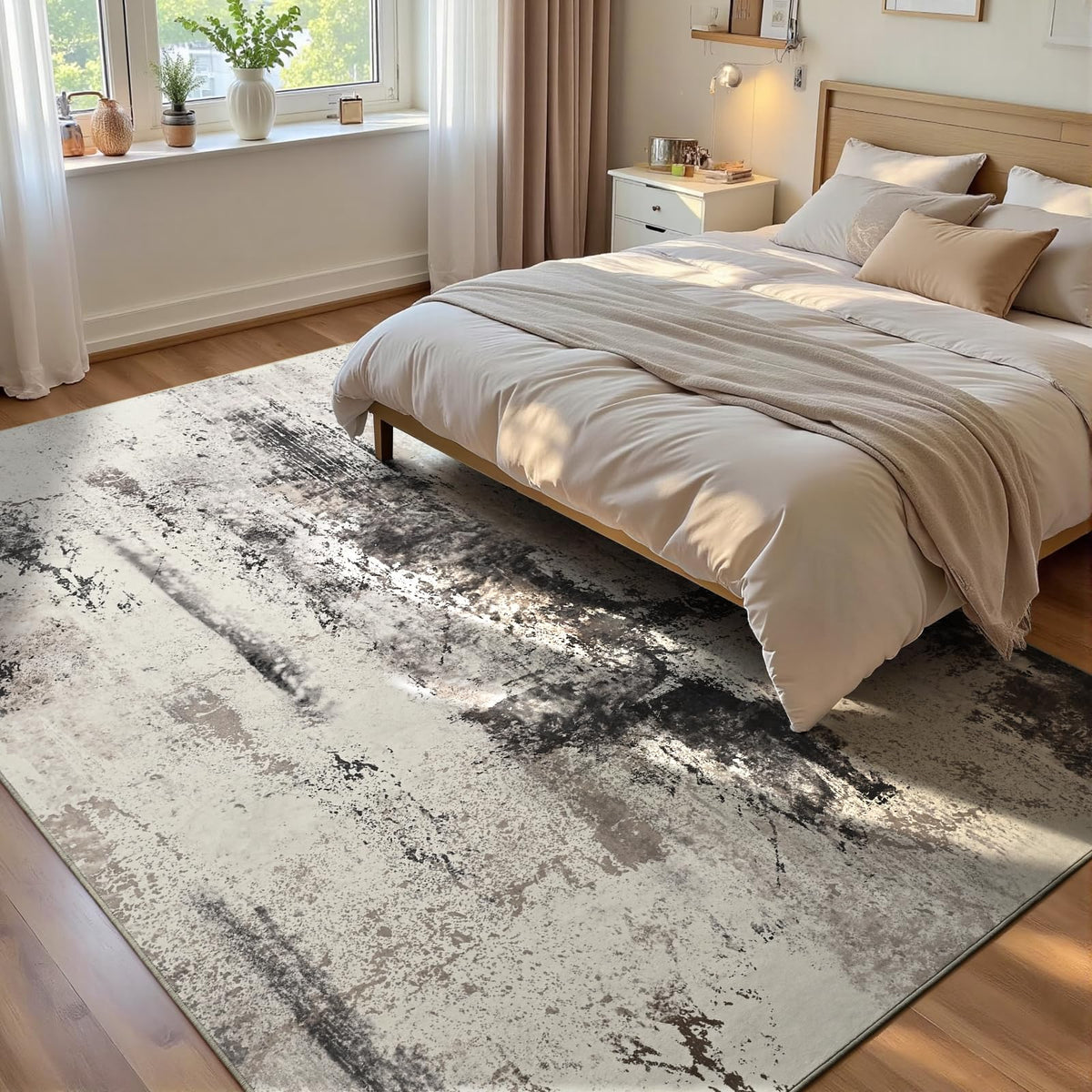Living Room Rug 5x7 Gray Area Rug Machine Washable Boho Rug Non Slip Abstract Vintage Indoor Large Rugs for Bedroom, Classroom, College Dorm, Farmhouse, Dining Room, Kids Playroom