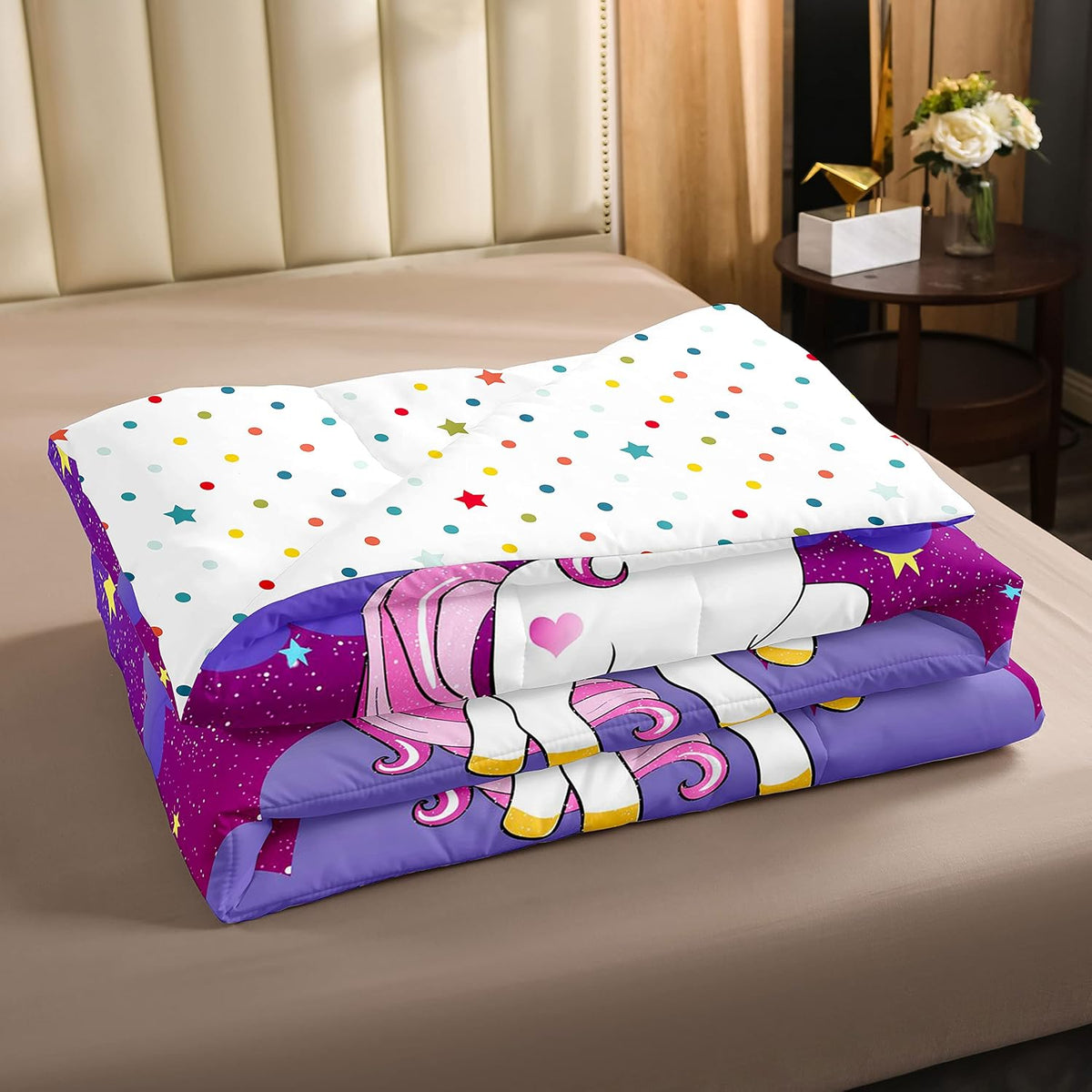 Erosebridal Girls Unicorn Comforter Set Twin Girls Bedding Set Cute Rainbow Unicorn Print Down Comforter Kids Cartoon Kawaii Duvet Insert Galaxy Stars Fantasy Room Decor Children Reversible Purple