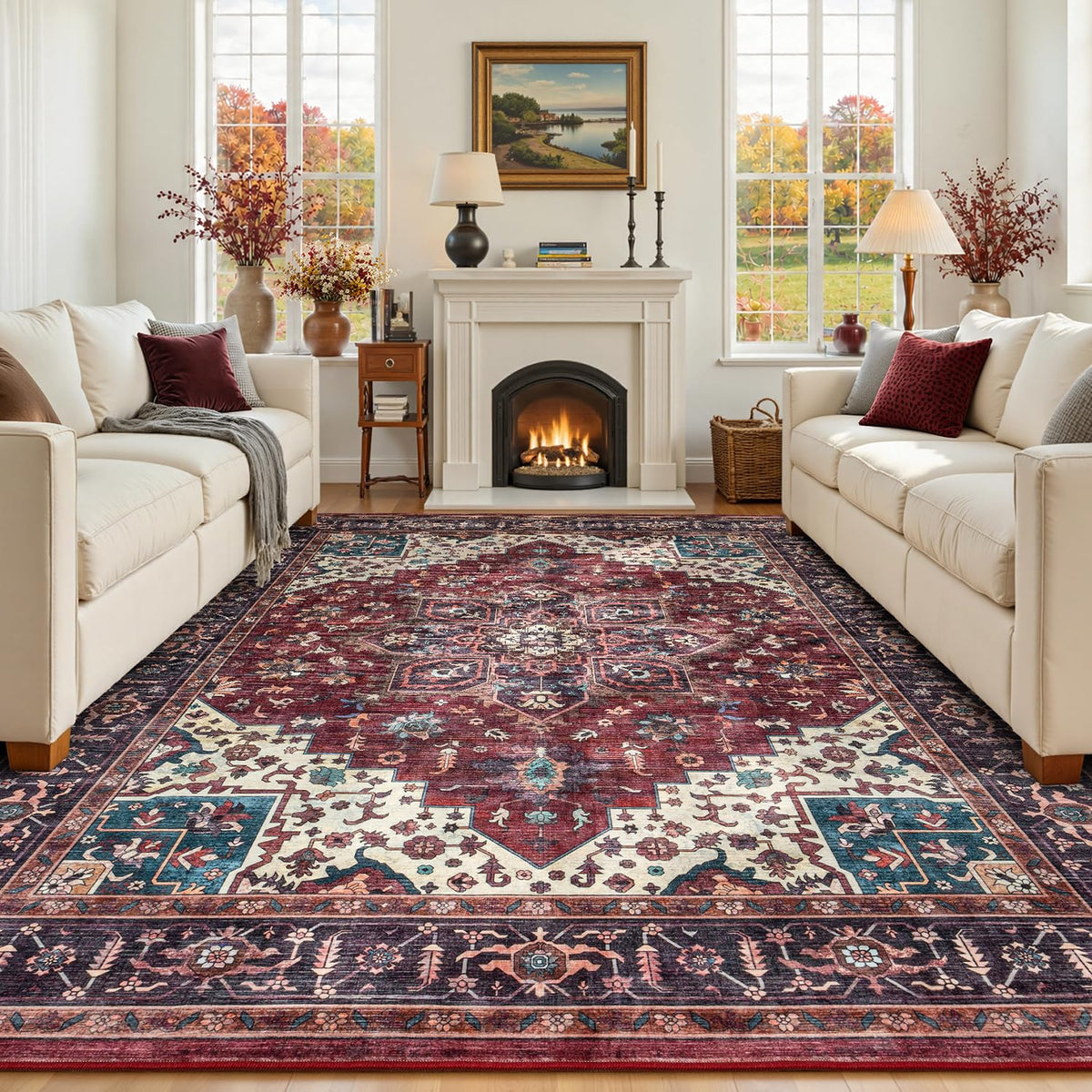 Sage Green 8x10 Area Rug for Living Room, Vintage Boho Large Carpet