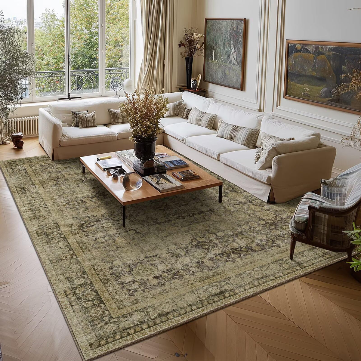 Washable 10x14 Area Rugs for Living Room, Ivory/Sage Gold