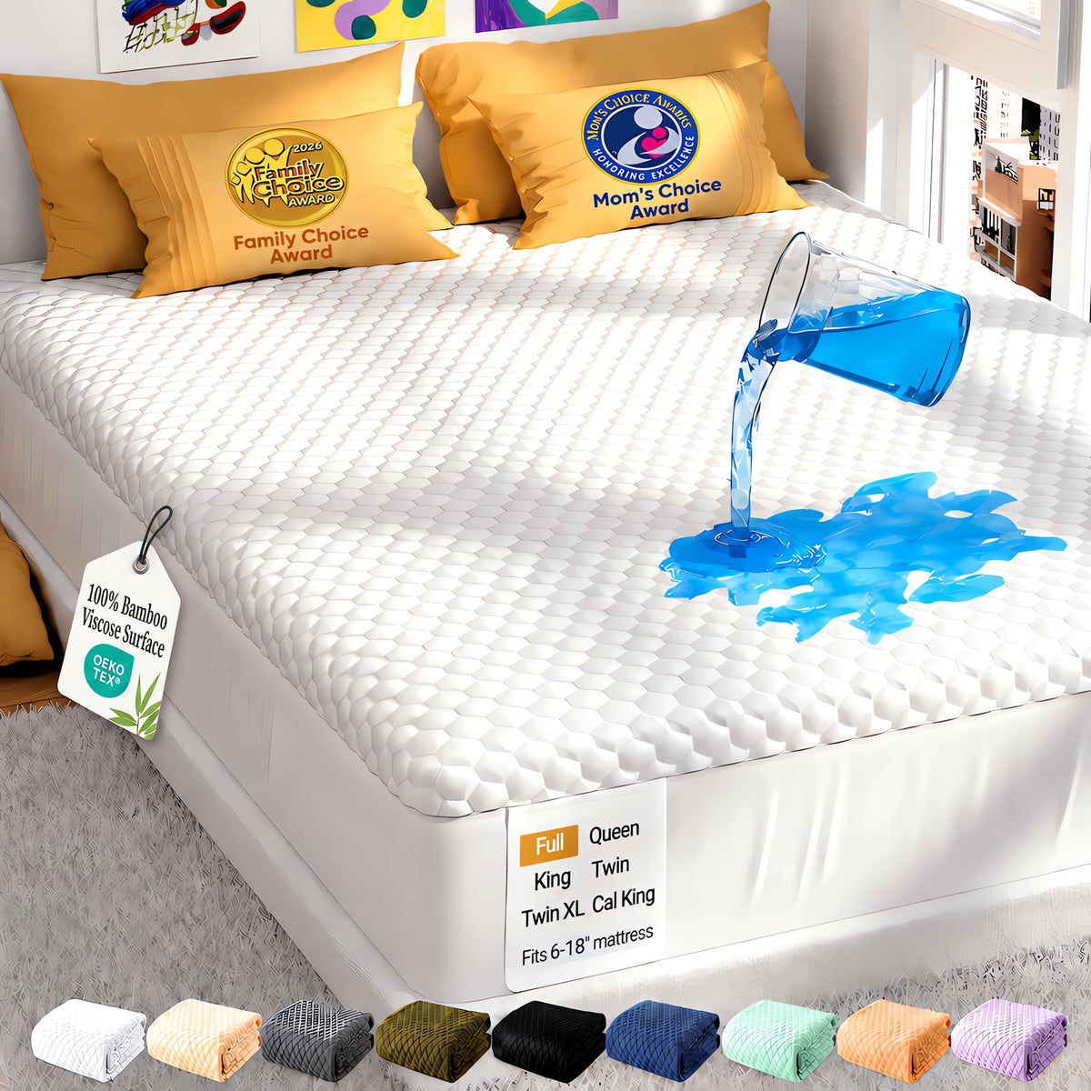 OhGeni Waterproof Mattress Protector,Twin Size Soft Bamboo Viscose Top Layer Pad,3D-Air Fabric Cooling Breathable Fitted Sheets, Washable Bed Cover for Kids Toddler Bedwetting Over 99 Count Hex Bumps