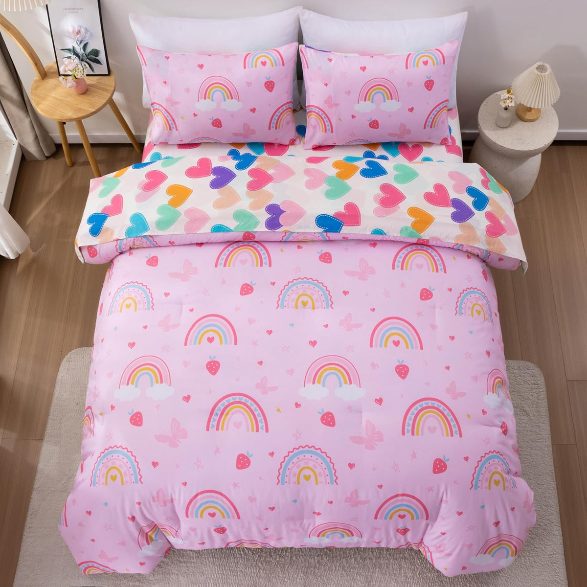 Btargot 5 Piece Full Size Pink Rainbow Comforter Set for Girls Boys Kids, Cartoon Cartoon Butterfly Bedding Set, Bed in a Bag with Comforter, Sheets and Pillowcases