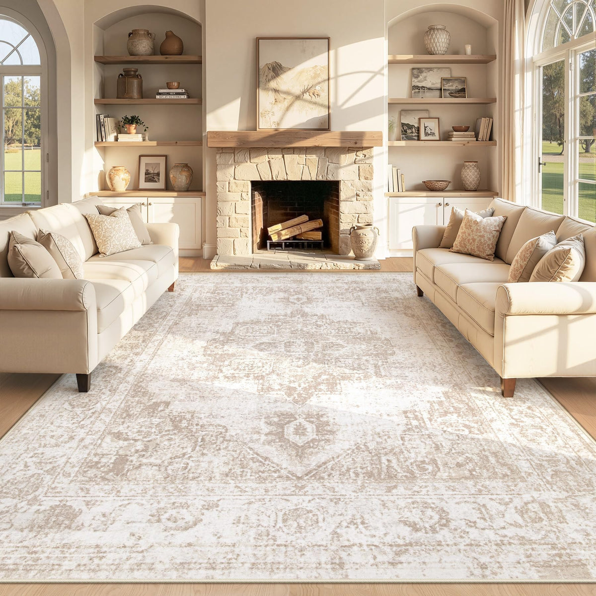 Area Rug 5x7 Vintage Rug: Washable Indoor Medallion Rugs Low Pile Distressed Floor Carpet Retro Accent Rug for Living Room Bedroom Kitchen Dining Table Home Office(Beige, 5'x7')