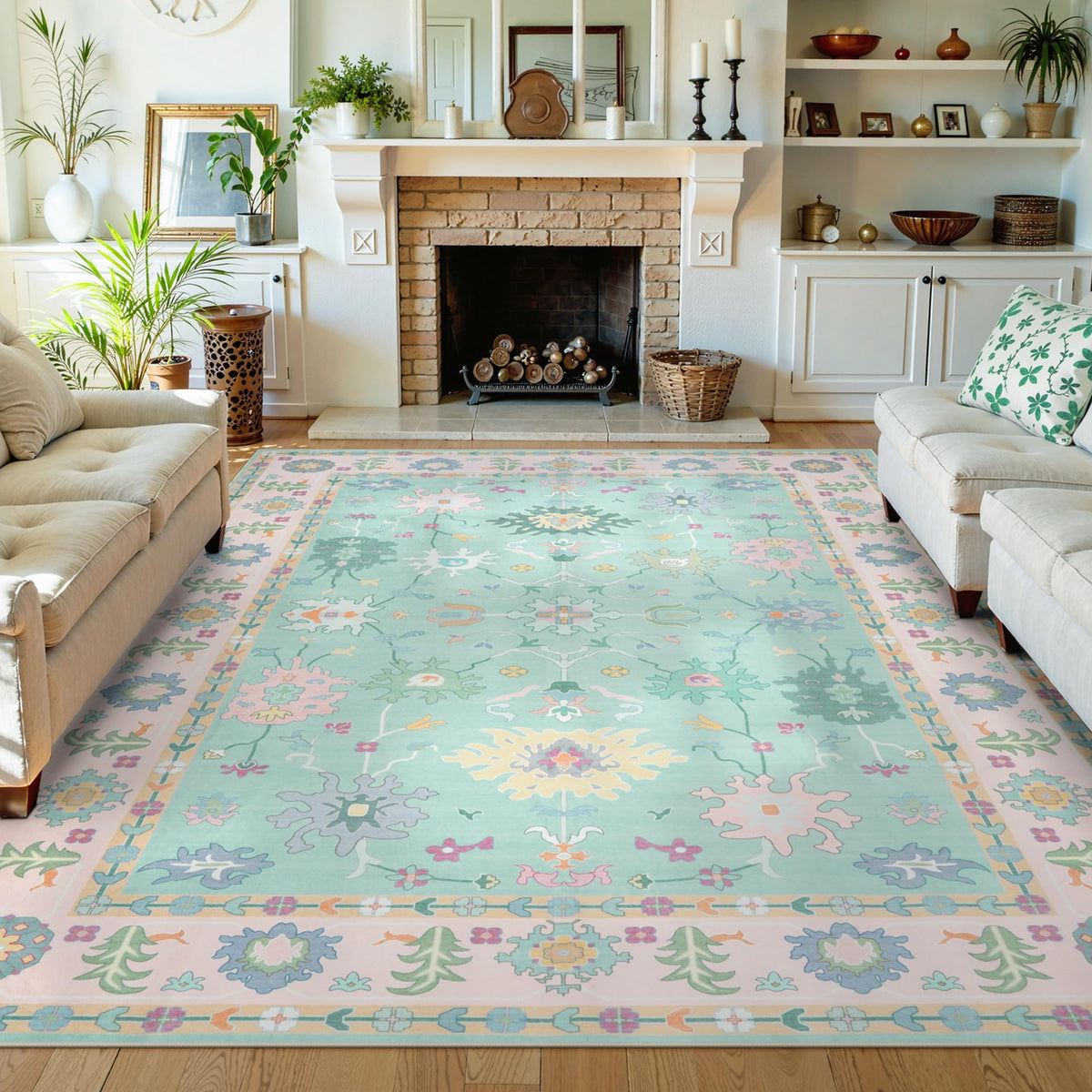 LIVEBOX Washable Oushak Rug Non Slip 8 x 10 Rugs for Living Room, Soft Turkish Rug for Bedroom, Boho Floral Mat Large Indoor Carprt for Kids Nursery, Dining Room, Home Office, Blue