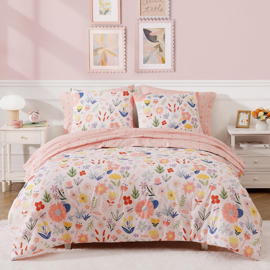 Twin XL Comforter Set for Girls - 5 Pieces Pink Floral Bed in a Bag