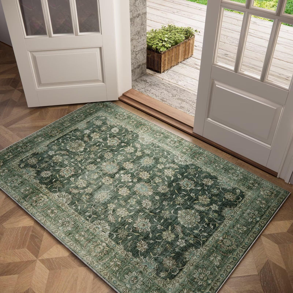 Washable 10x14 Area Rugs for Living Room, Ivory/Sage Gold