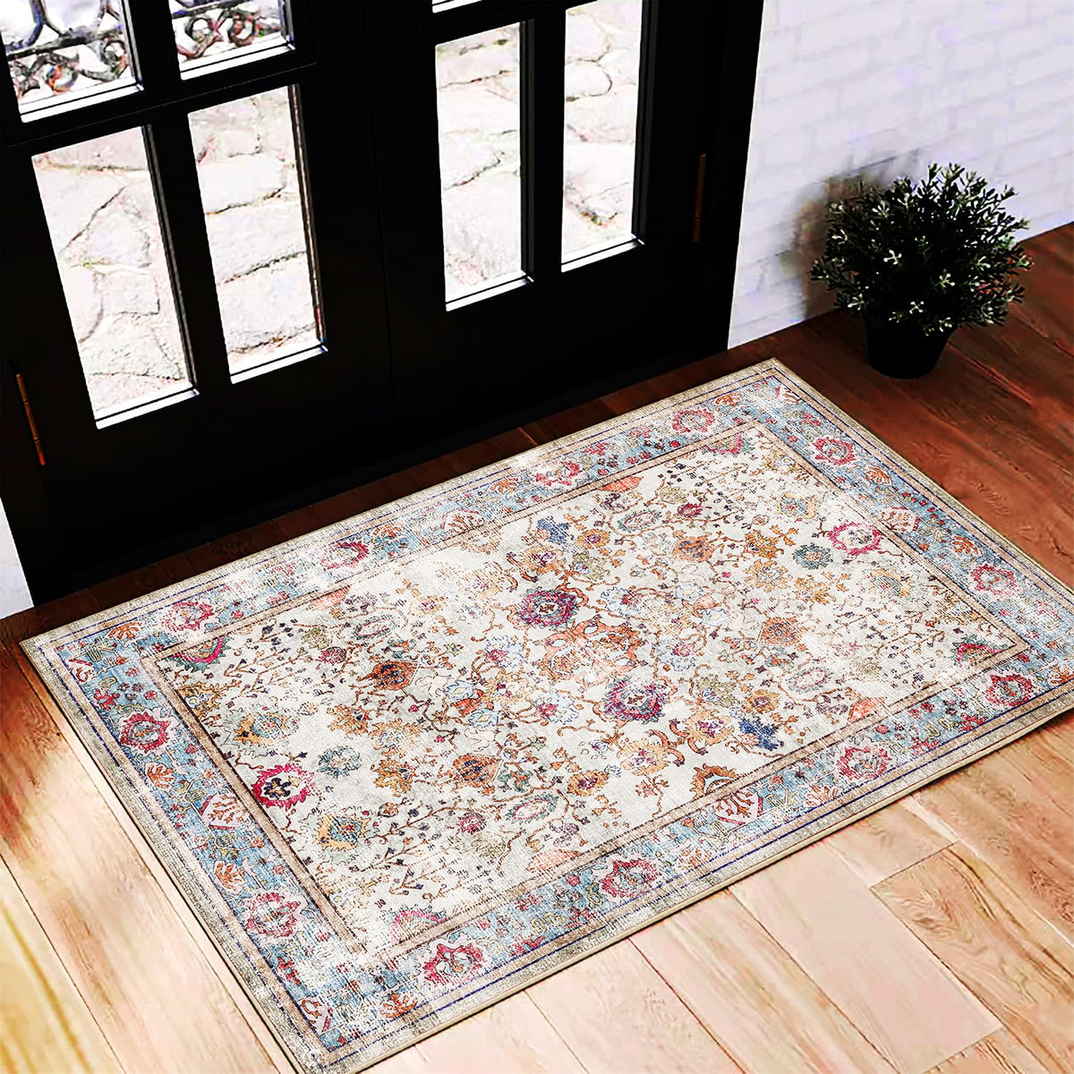 CHAMPLANT Area Rug 4x6 Washable Rug Gray Vintage Traditional Floor Cover Foldable Thin Retro Accent Indoor Distressed Non Slip Carpet Floral Print Mat Bedroom Living Room Bathroom