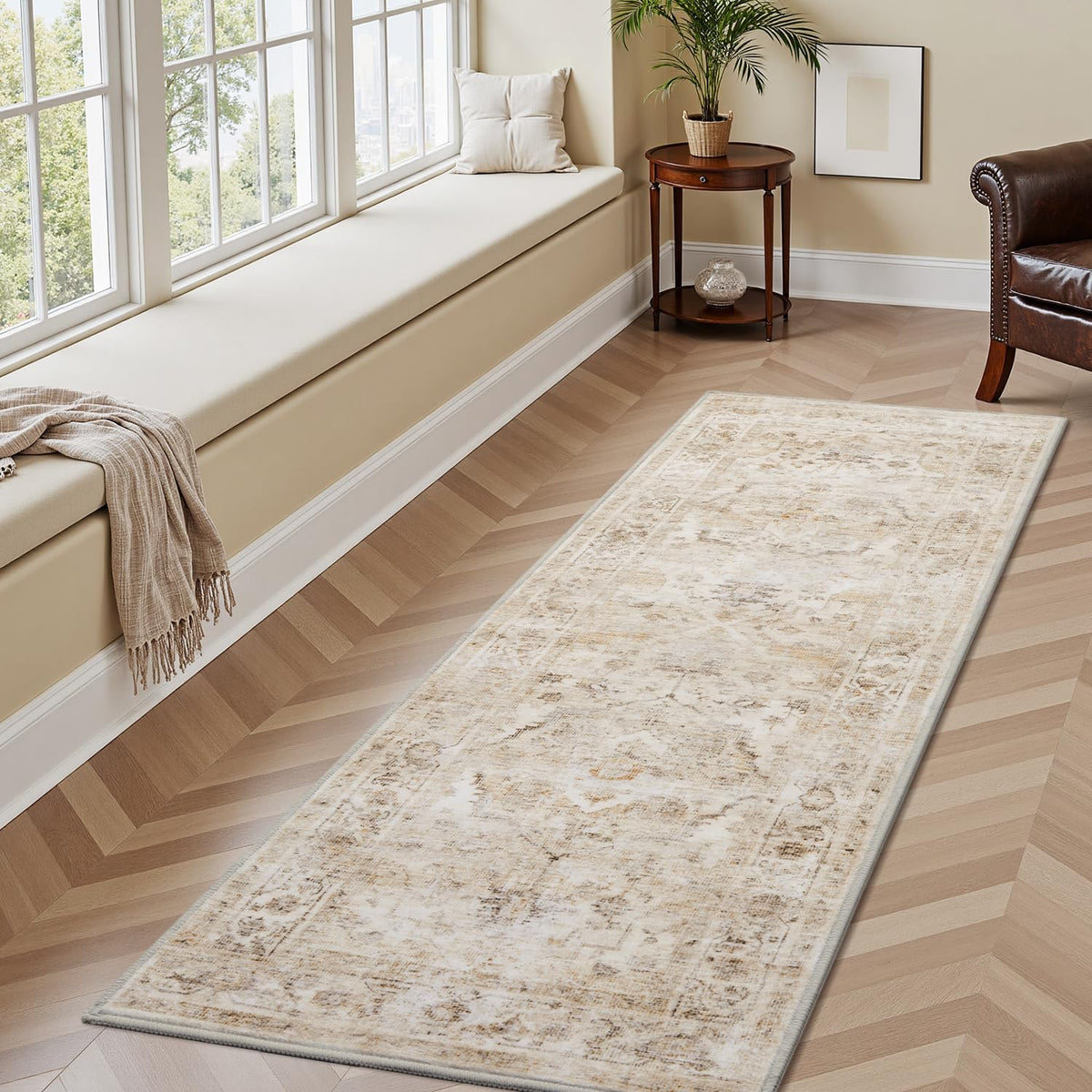 AMOAMI-Area Rug 5X7 Rugs for Living Room-Vintage Soft Beige Rugs for Bedroom-Non Slip Carpet-Machine Washable Rug for Dining Room Living Room Bedroom Office Under Table-Beige