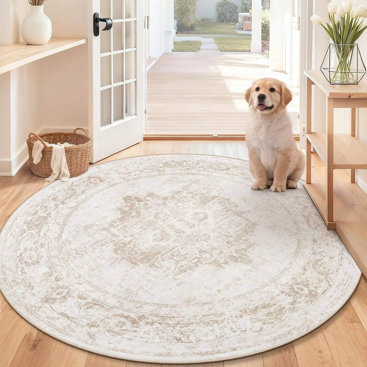 Area Rug 5x7 Vintage Rug: Washable Indoor Medallion Rugs Low Pile Distressed Floor Carpet Retro Accent Rug for Living Room Bedroom Kitchen Dining Table Home Office(Beige, 5'x7')