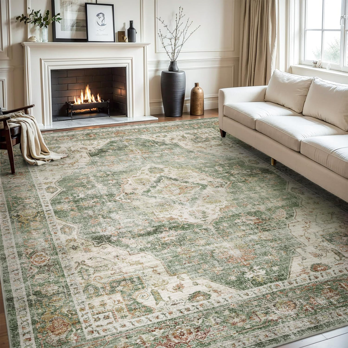 AMOAMI-Area Rug 5X7 Rugs for Living Room-Vintage Soft Beige Rugs for Bedroom-Non Slip Carpet-Machine Washable Rug for Dining Room Living Room Bedroom Office Under Table-Beige